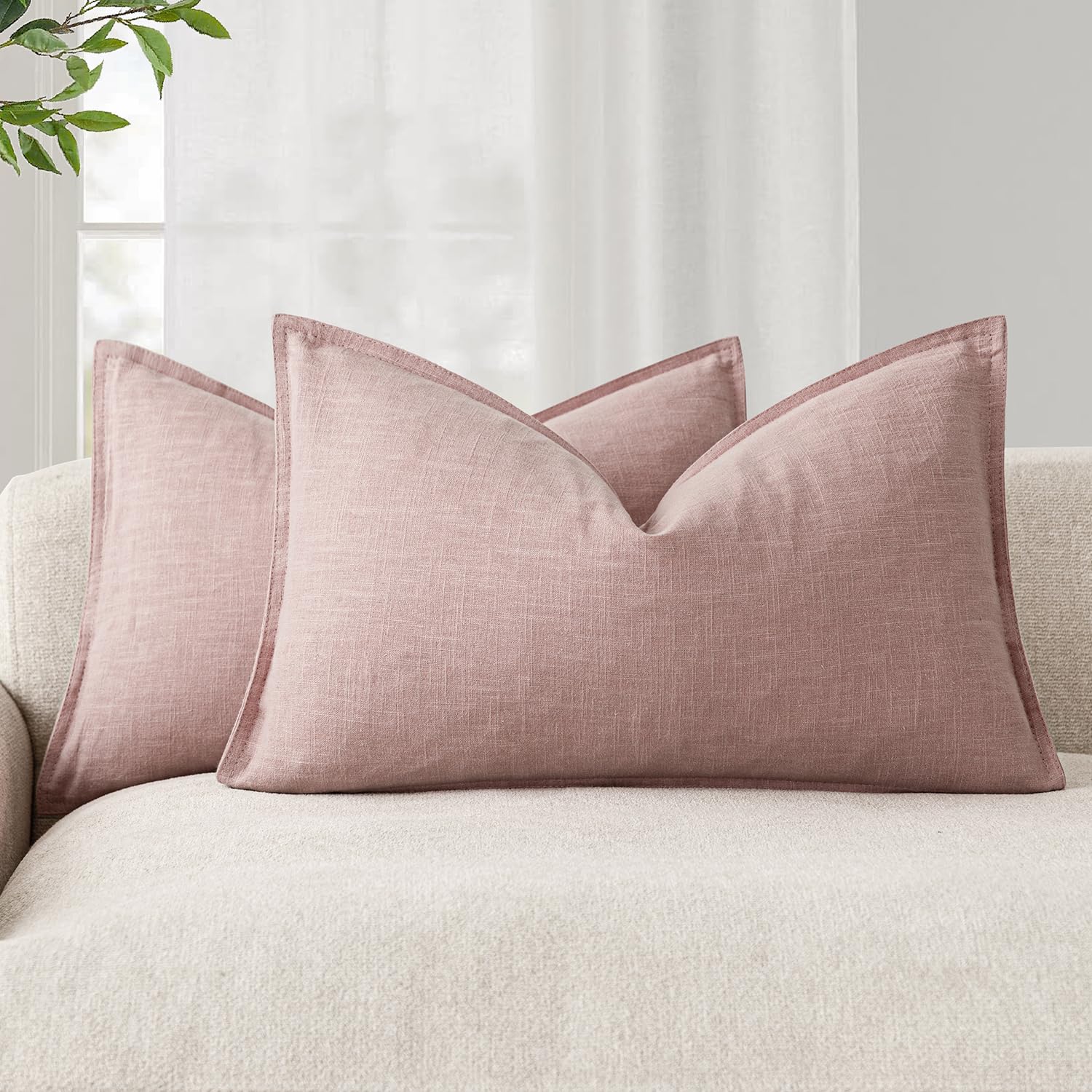 Foindtower Pack of 2, Decorative Linen Soild Throw Pillow Covers Soft Accent Cushion Case Boho Farmhouse Neutral Pillowcase for Couch Sofa Bedroom Living Room Home Decor 20 x 20 Inch Natural Beige