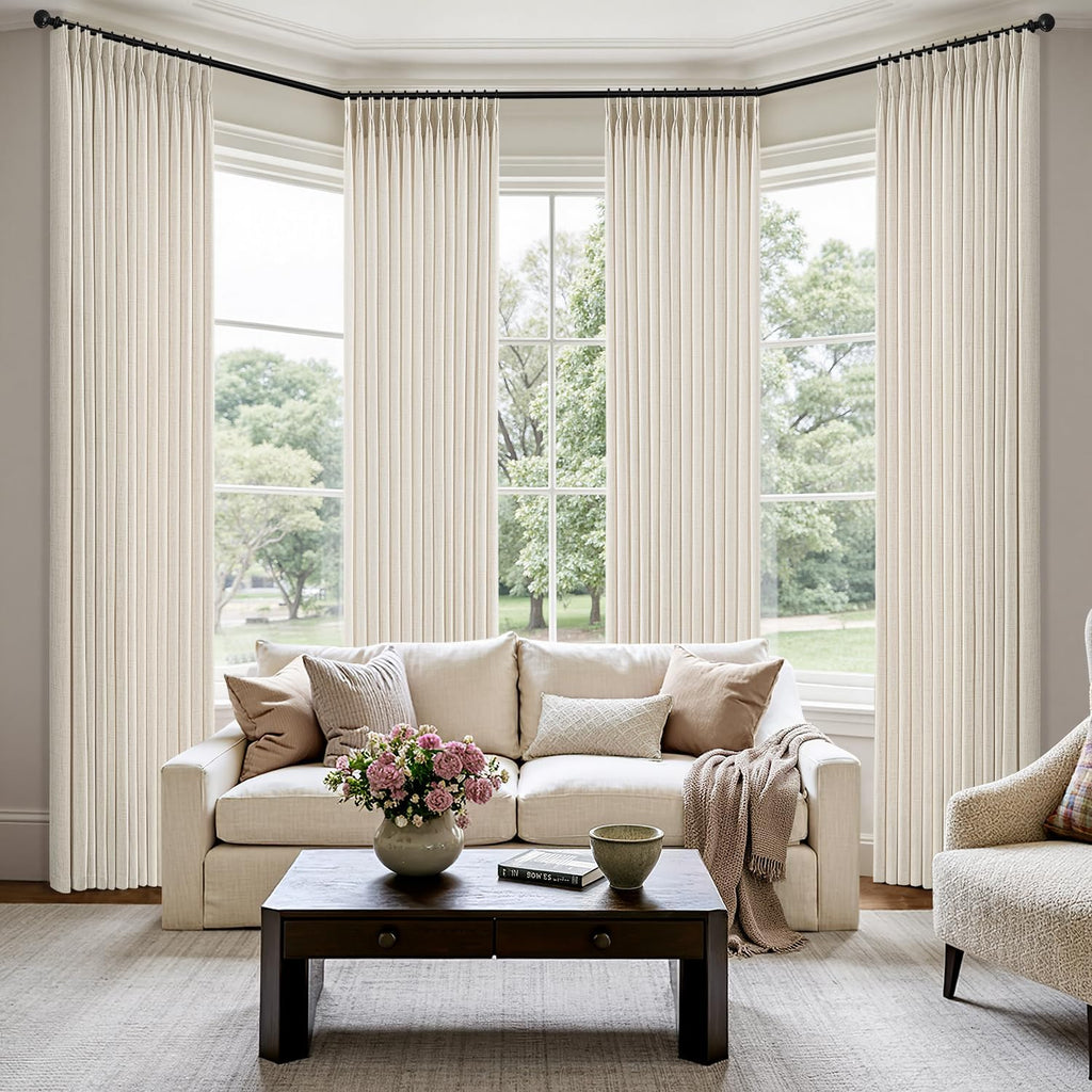 MIULEE Pinch Pleated Thick Linen Curtains 90 Inches 4 Panels Set Ivory Cream Back Tab Memory Trained Pinch Pleat Semi Sheer Light Filtering Privacy Curtains Window Drapes for Living Room Bedroom Birch