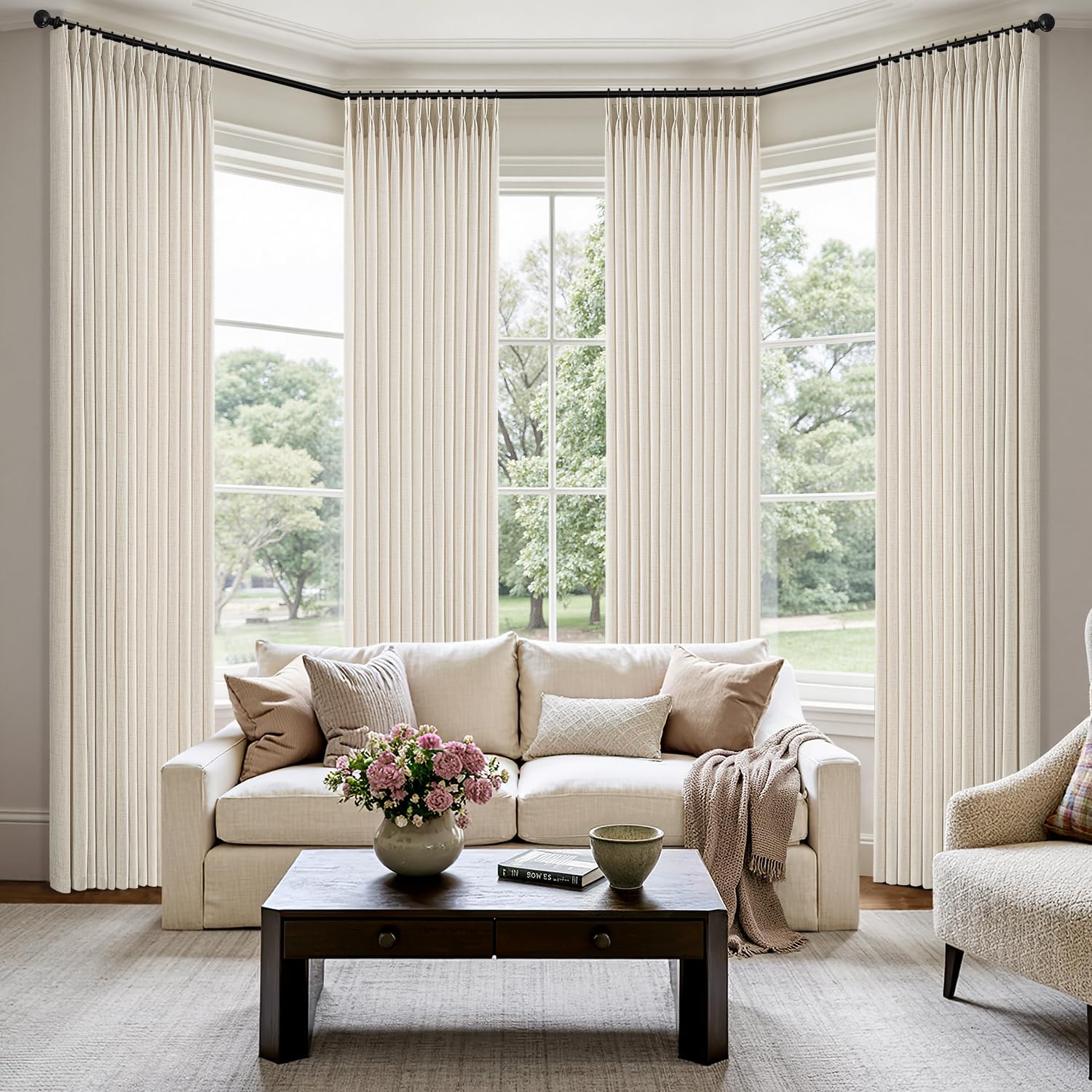 MIULEE Pinch Pleated Thick Linen Curtains 90 Inches 4 Panels Set Ivory Cream Back Tab Memory Trained Pinch Pleat Semi Sheer Light Filtering Privacy Curtains Window Drapes for Living Room Bedroom Birch
