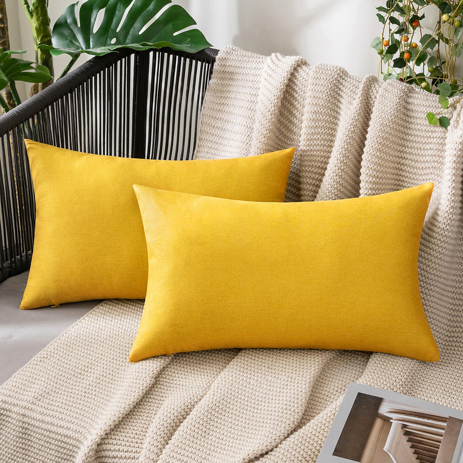 MIULEE Pack of 2 Decorative Outdoor Solid Waterproof Throw Pillow Covers Faux Linen Garden Farmhouse Cushion Cases for Patio Tent Balcony Couch Sofa 18x18 Inch Beige