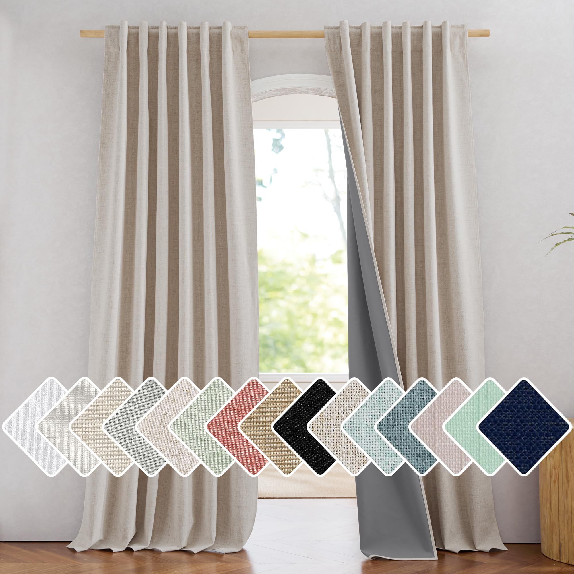 NICETOWN 100% Blackout Linen Curtains 90" Long for Bedroom, Thermal Insulated Living Room Curtains with Liner, Farmhouse Style Linen Blend Window Draperies for Dining Room (2 Panels, 52" W, Natural)