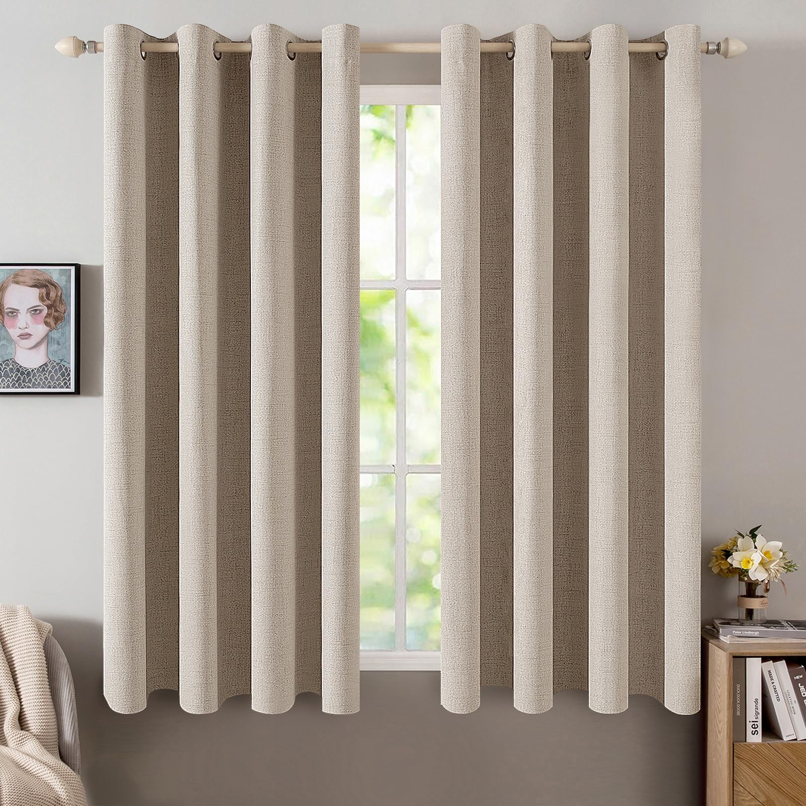 MIULEE 100% Blackout Linen Textured Curtains for Bedroom Solid Thermal Insulated Natural Beige Grommet Room Darkening Curtains & Drapes Luxury Decor for Living Room Nursery 52 x 84 Inch (2 Panels)