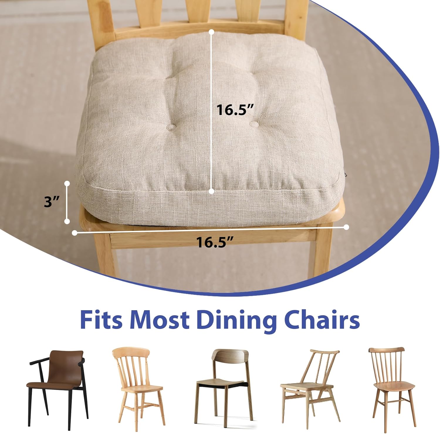 IASEAHK Chair Cushions for Dining Chairs, Dining Chair Cushions, Tufted Indoor Chair Pads with Ties & Non Slip Backing, Seat Cushions for Kitchen Chairs 16.5” x 16.5” x 3.5”, Set of 2, Beige