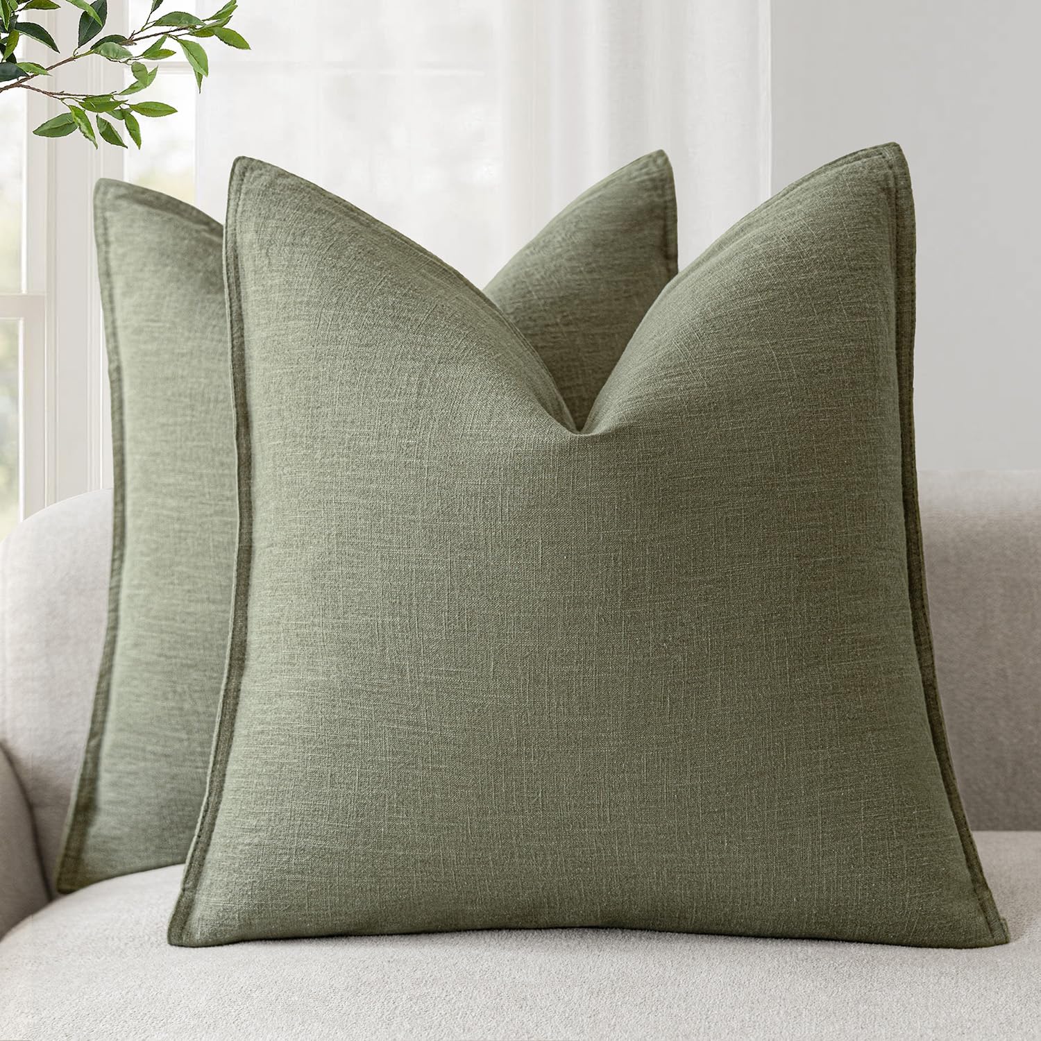 Foindtower Pack of 2, Decorative Linen Soild Throw Pillow Covers Soft Accent Cushion Case Boho Farmhouse Neutral Pillowcase for Couch Sofa Bedroom Living Room Home Decor 20 x 20 Inch Natural Beige