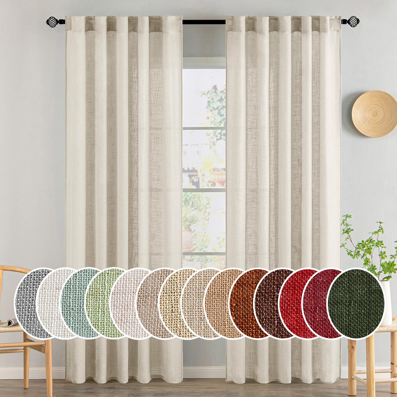 MIULEE Natural White Linen Curtains 84 Inch Long for Bedroom Living Room, Soft Thick Linen Textured Window Drapes Semi Sheer Light Filtering Rod Pocket Back Tab Neutral Farmhouse Cream Ivory 2 Panels