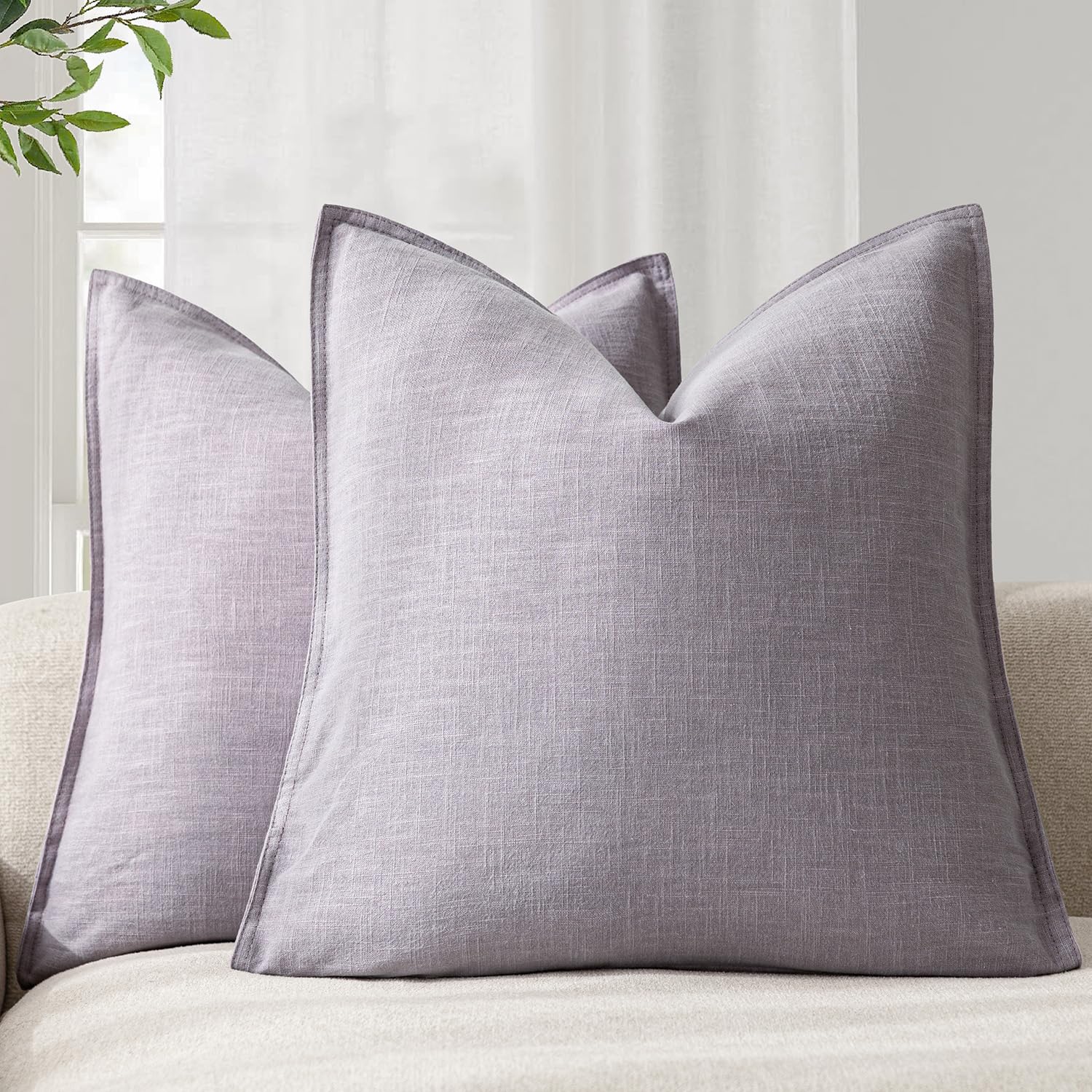 Foindtower Pack of 2, Decorative Linen Soild Throw Pillow Covers Soft Accent Cushion Case Boho Farmhouse Neutral Pillowcase for Couch Sofa Bedroom Living Room Home Decor 20 x 20 Inch Natural Beige