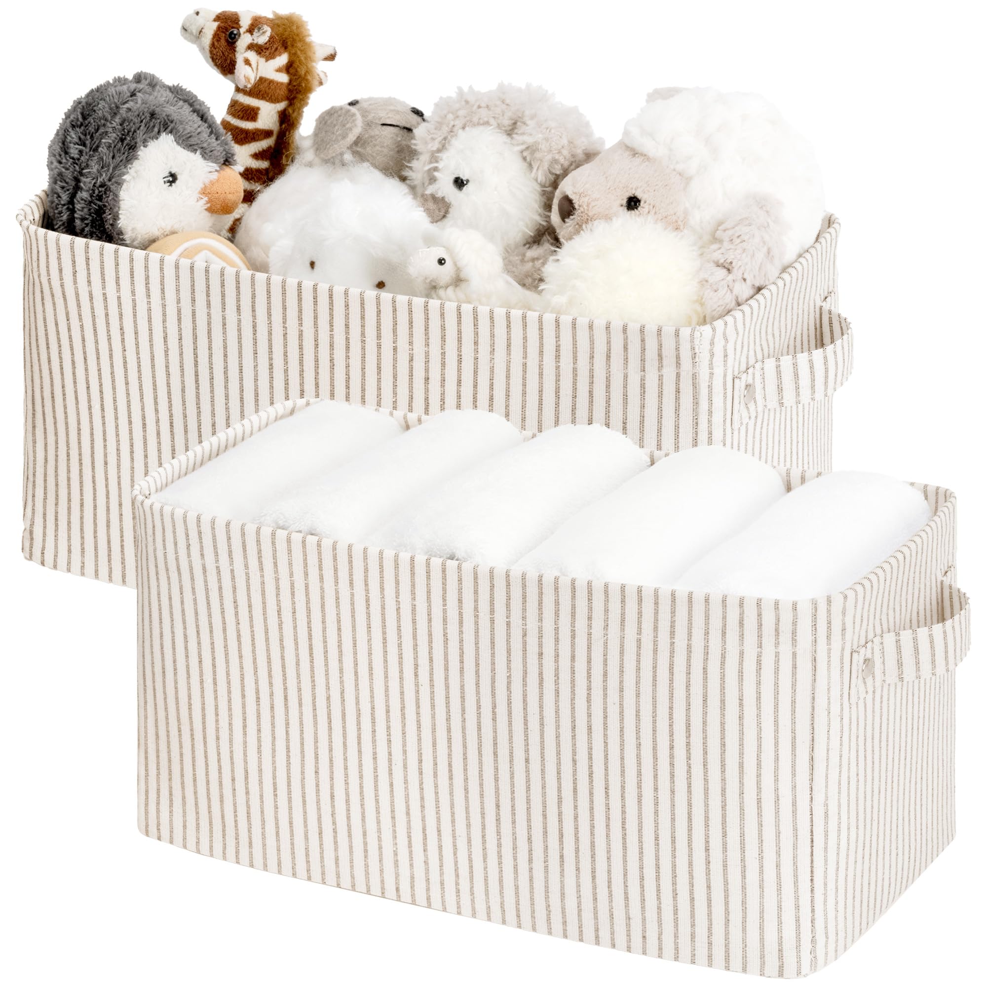 StorageWorks Narrow Storage Bins, Small Basket for Closet and Shelves, Fabric Organizer with Handles, Toilet Paper Storage, Khaki and Beige Stripes, 2-Pack