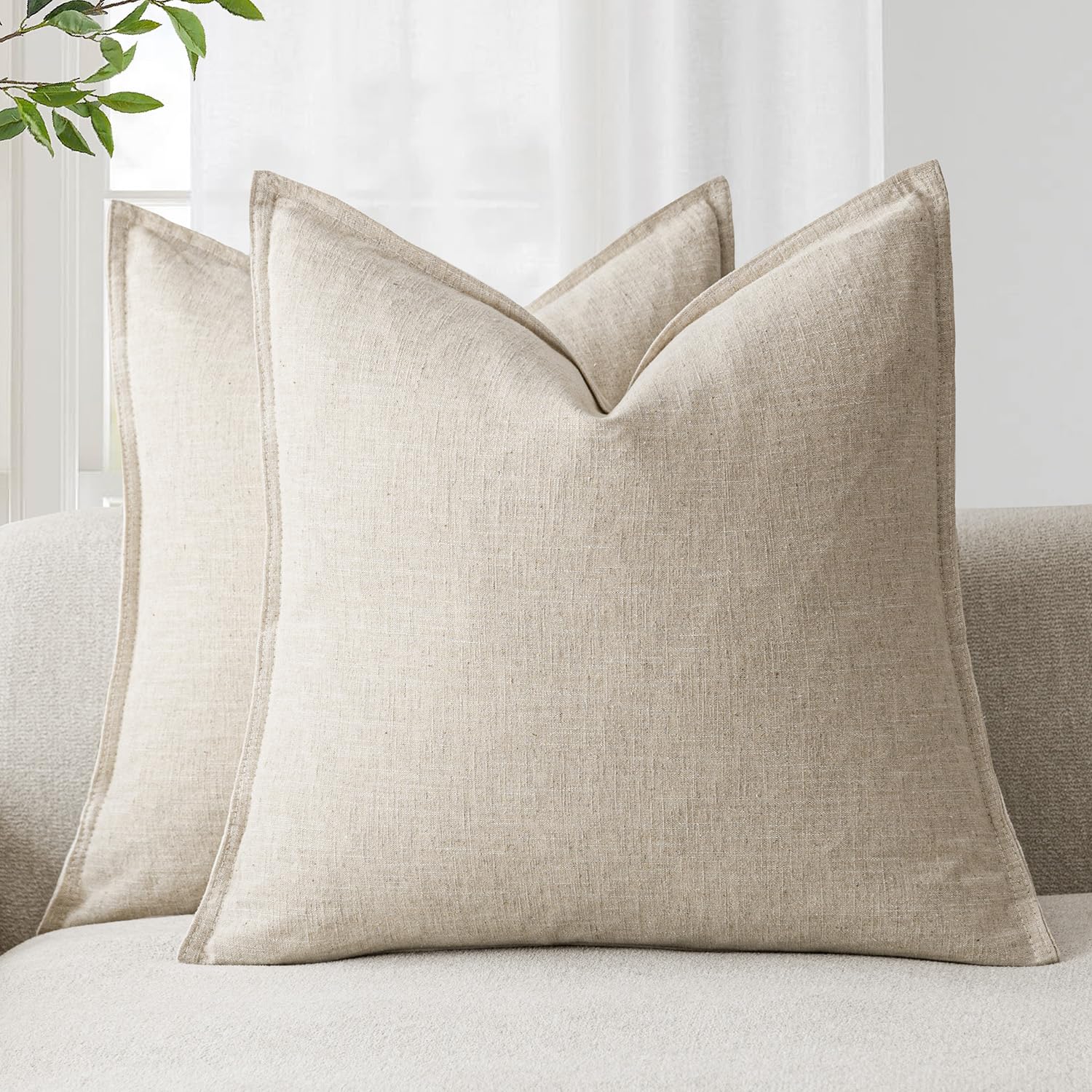 Foindtower Pack of 2, Decorative Linen Soild Throw Pillow Covers Soft Accent Cushion Case Boho Farmhouse Neutral Pillowcase for Couch Sofa Bedroom Living Room Home Decor 18 x 18 Inch Natural Beige