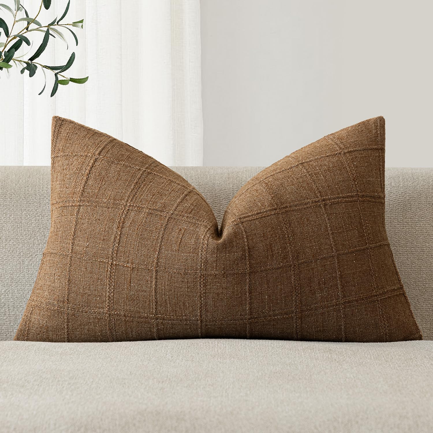 Foindtower Set of 1 Decorative Linen Check Throw Pillow Cover Neutral Farmhouse Lumbar Cushion Cover Modern Boho Home Decor for Sofa Chair Couch Bedroom Living Room,12×20 Inch,Natural Beige