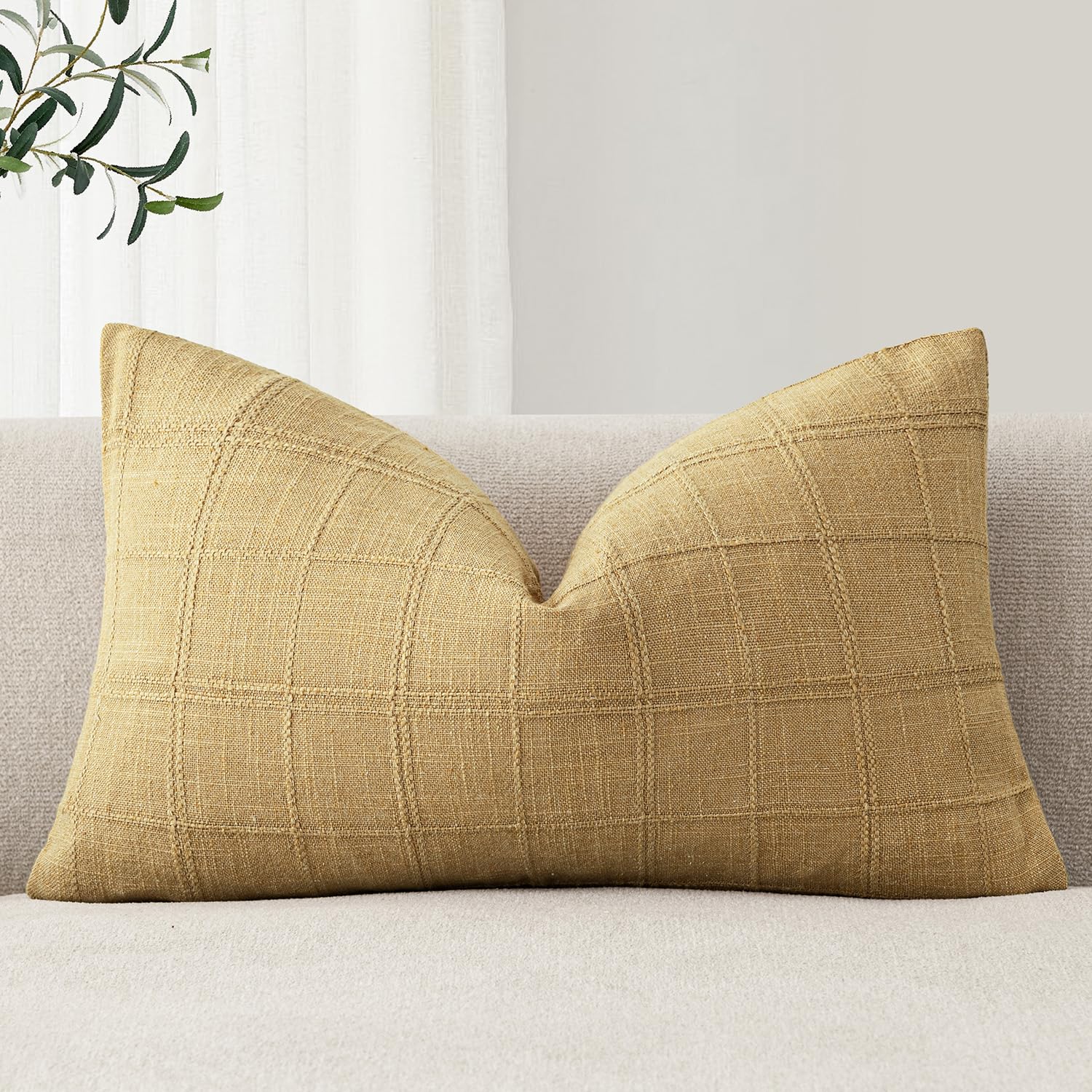 Foindtower Set of 1 Decorative Linen Check Throw Pillow Cover Neutral Farmhouse Lumbar Cushion Cover Modern Boho Home Decor for Sofa Chair Couch Bedroom Living Room,12×20 Inch,Natural Beige