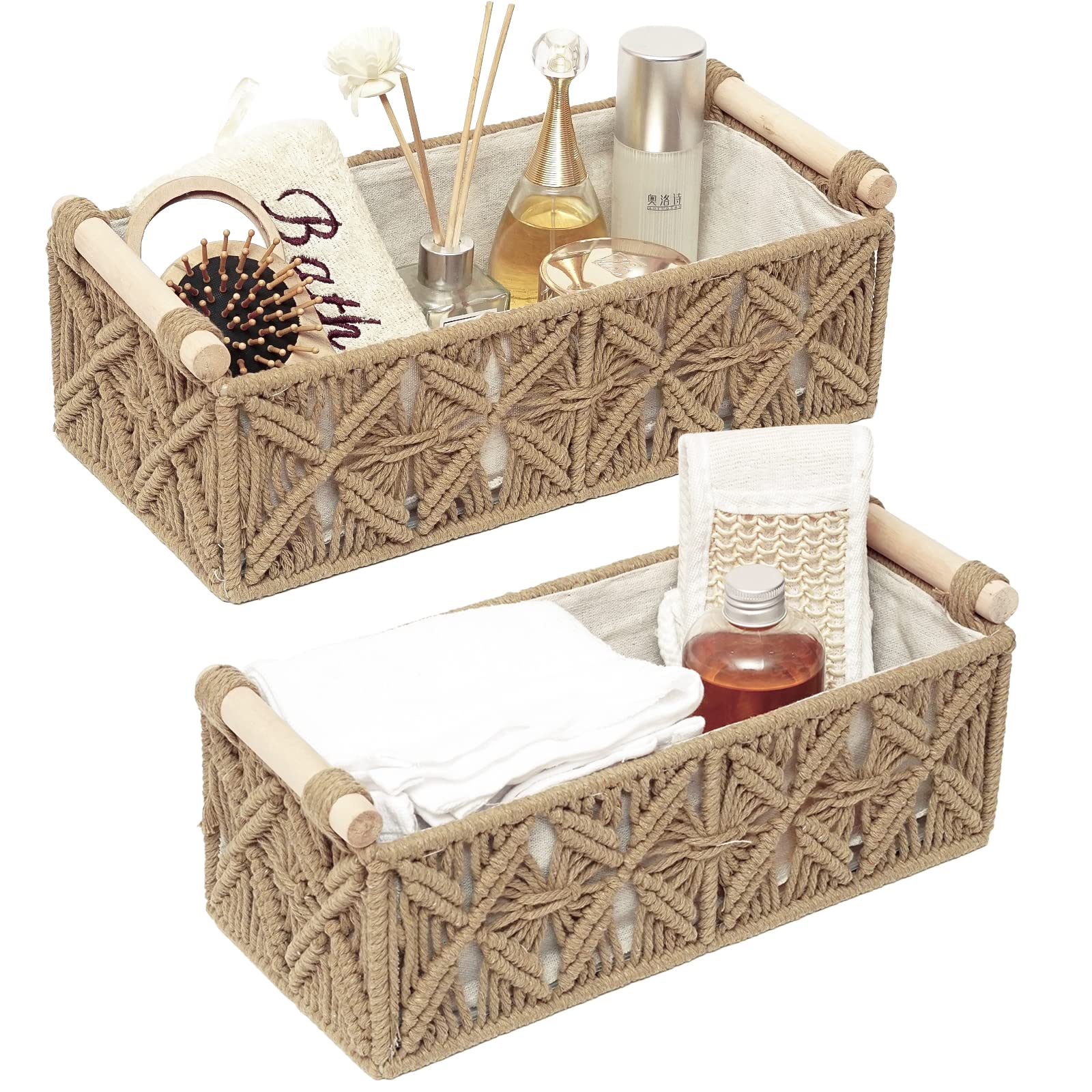 HOSROOME Macrame Storage Basket Boho Decor Baskets for Organizing Woven Decorative for Countertop Toilet Paper Basket for Tank Top for Home Decor Bedroom Nursery Livingroom Entryway (Set of 2)