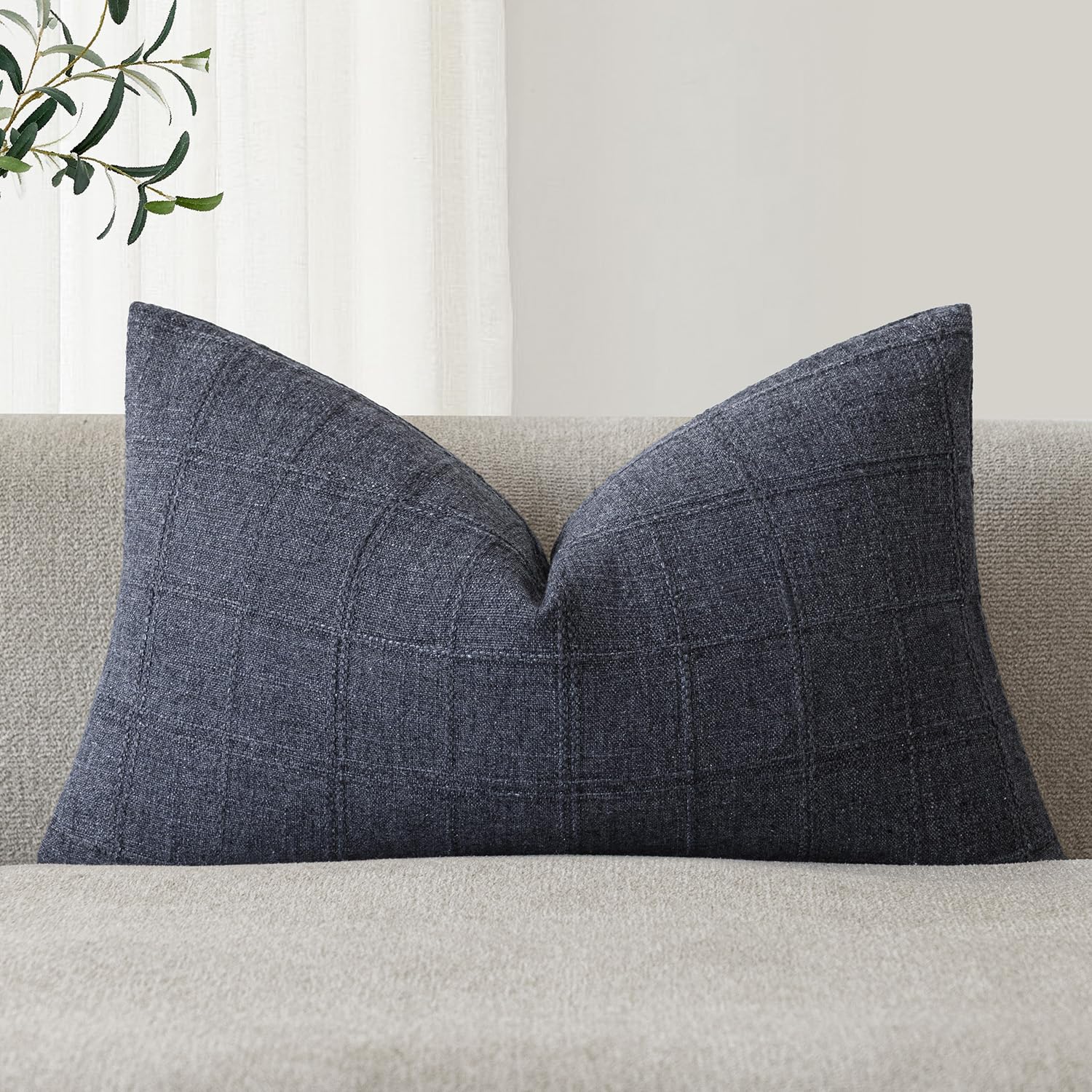Foindtower Set of 1 Decorative Linen Check Throw Pillow Cover Neutral Farmhouse Lumbar Cushion Cover Modern Boho Home Decor for Sofa Chair Couch Bedroom Living Room,12×20 Inch,Natural Beige