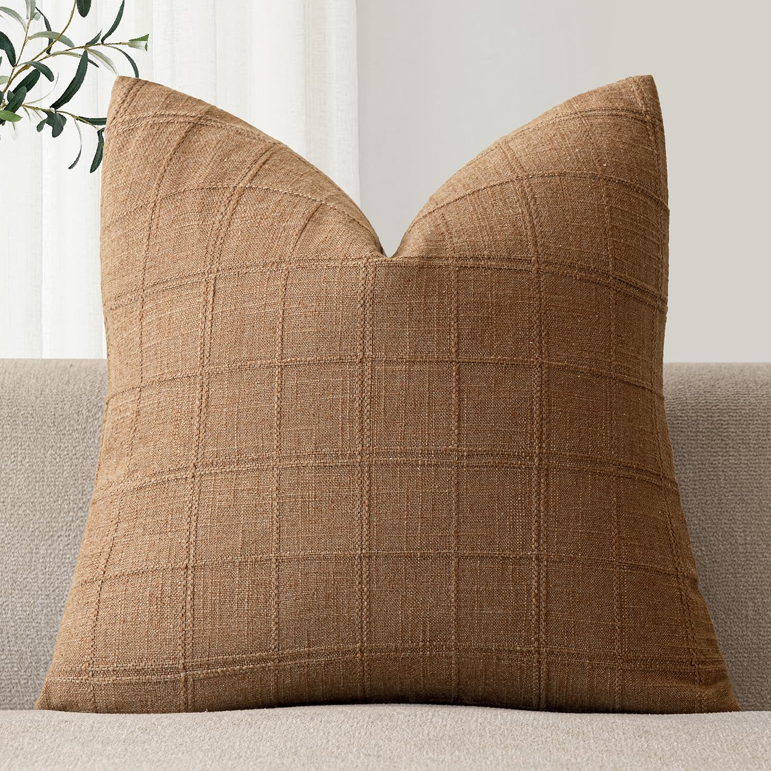 Foindtower Set of 1 Decorative Linen Check Throw Pillow Cover Neutral Farmhouse Lumbar Cushion Cover Modern Boho Home Decor for Sofa Chair Couch Bedroom Living Room,12×20 Inch,Natural Beige