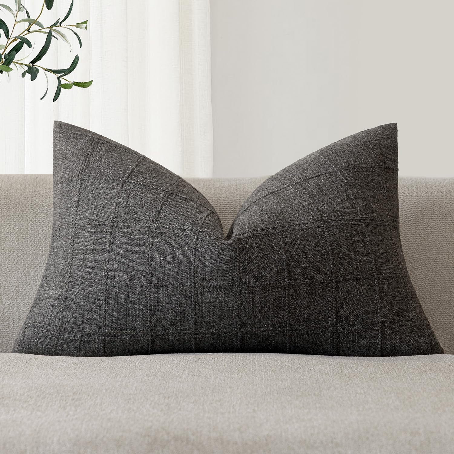 Foindtower Set of 1 Decorative Linen Check Throw Pillow Cover Neutral Farmhouse Lumbar Cushion Cover Modern Boho Home Decor for Sofa Chair Couch Bedroom Living Room,12×20 Inch,Natural Beige
