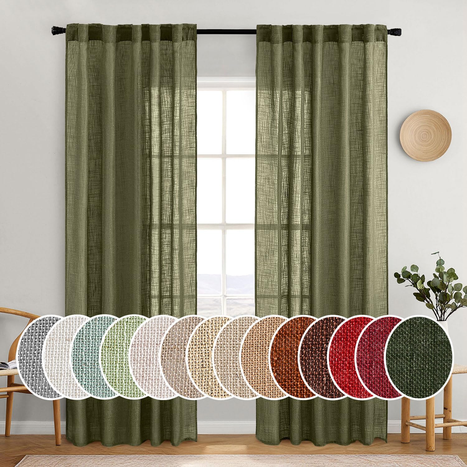 MIULEE Natural White Linen Curtains 84 Inch Long for Bedroom Living Room, Soft Thick Linen Textured Window Drapes Semi Sheer Light Filtering Rod Pocket Back Tab Neutral Farmhouse Cream Ivory 2 Panels