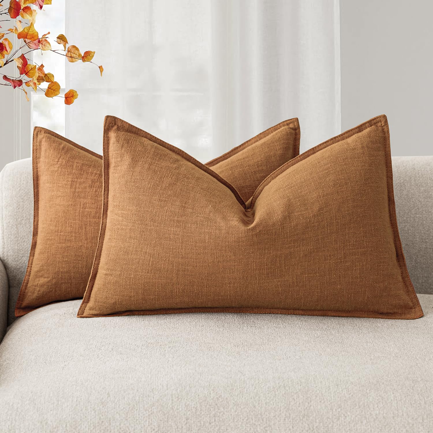 Foindtower Pack of 2, Decorative Linen Soild Throw Pillow Covers Soft Accent Cushion Case Boho Farmhouse Neutral Pillowcase for Couch Sofa Bedroom Living Room Home Decor 20 x 20 Inch Natural Beige