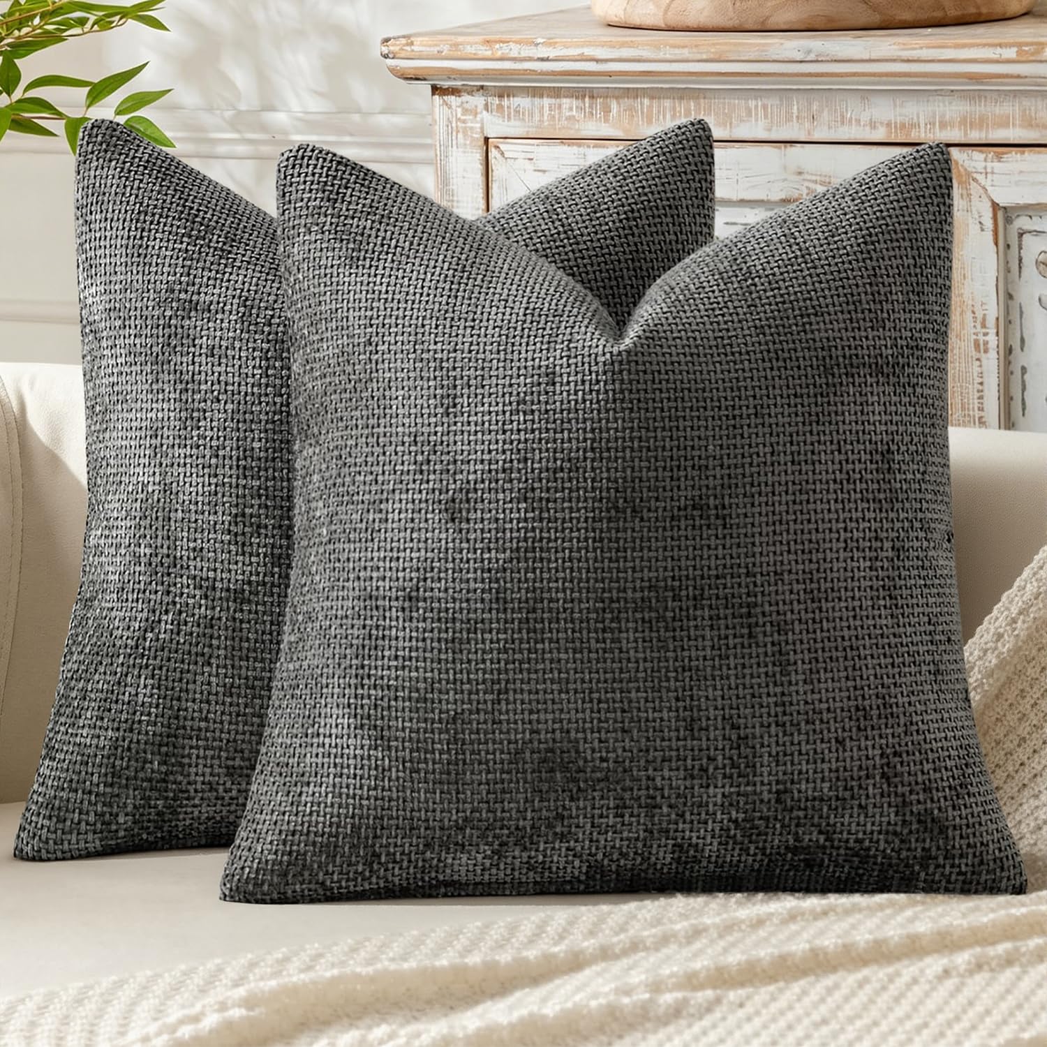 MIULEE Pack of 2 Couch Throw Pillow Covers 18x18 Inch Neutral Beige Modern Boho Accent Decorative Pillow Covers Soft Chenille Farmhouse Cushion Covers for Home Decor Bed Sofa Living Room