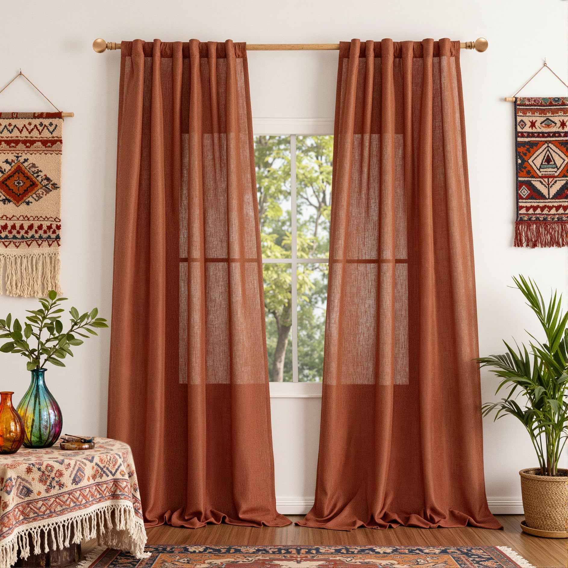 MYSKY HOME Linen Curtains for Living Room, Natural Semi Sheer Curtains & Drapes 84 inches Length 2 Panels Set Farmhouse Country Boho Style Back Tab Draperies for Sliding Glass Door, 50" Wide, Linen