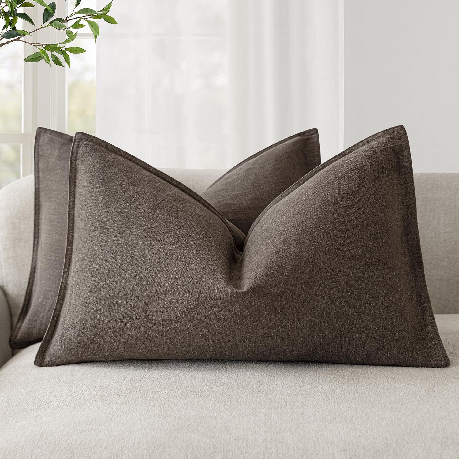 Foindtower Pack of 2, Decorative Linen Soild Throw Pillow Covers Soft Accent Cushion Case Boho Farmhouse Neutral Pillowcase for Couch Sofa Bedroom Living Room Home Decor 20 x 20 Inch Natural Beige