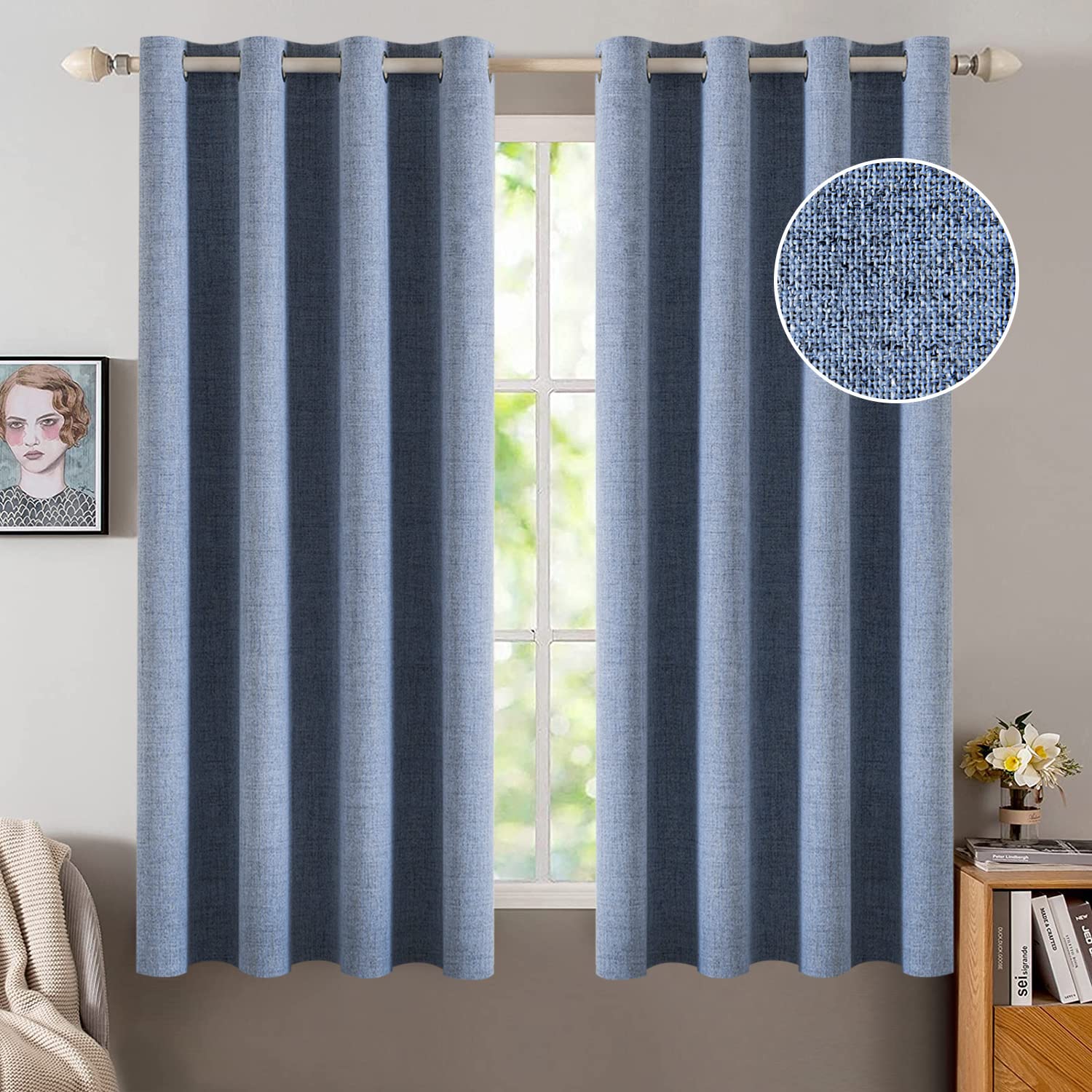 MIULEE 100% Blackout Linen Textured Curtains for Bedroom Solid Thermal Insulated Natural Beige Grommet Room Darkening Curtains & Drapes Luxury Decor for Living Room Nursery 52 x 84 Inch (2 Panels)