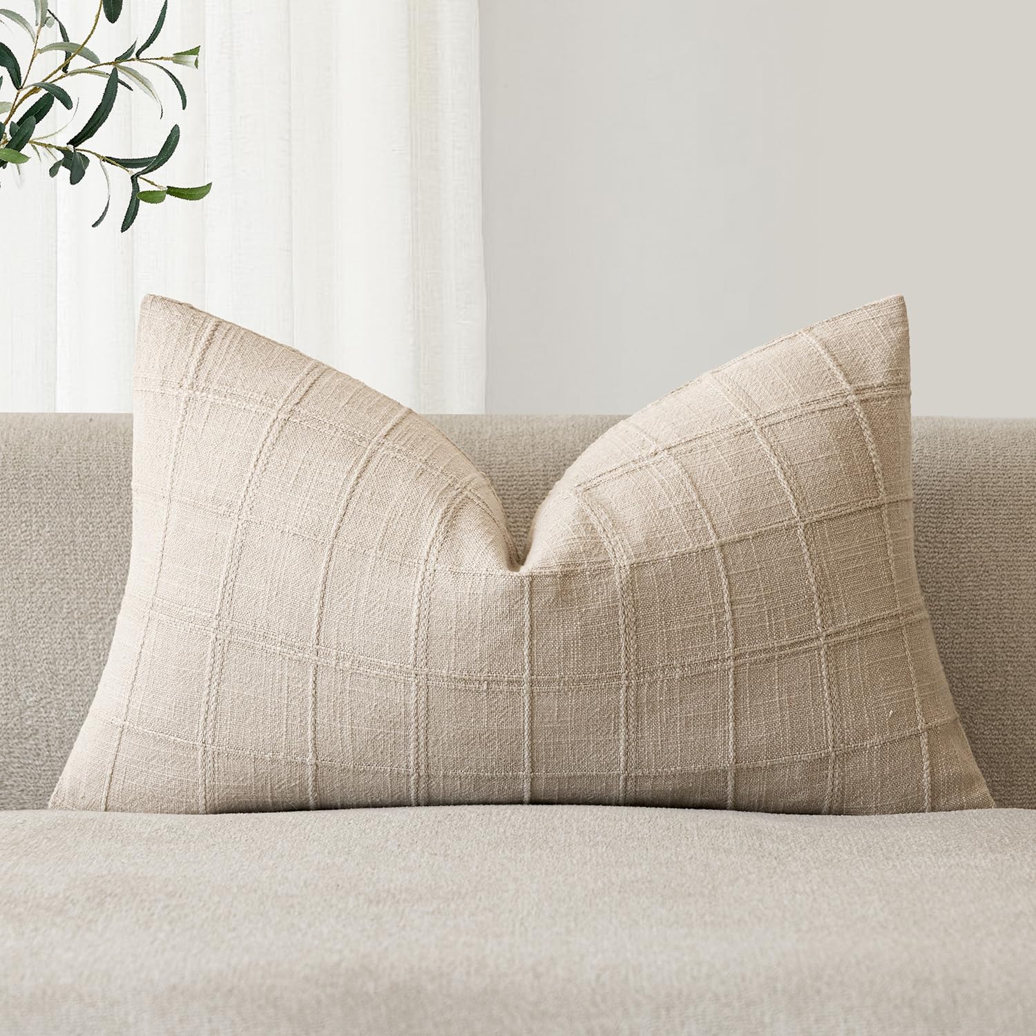 Foindtower Set of 1 Decorative Linen Check Throw Pillow Cover Neutral Farmhouse Lumbar Cushion Cover Modern Boho Home Decor for Sofa Chair Couch Bedroom Living Room,12×20 Inch,Natural Beige