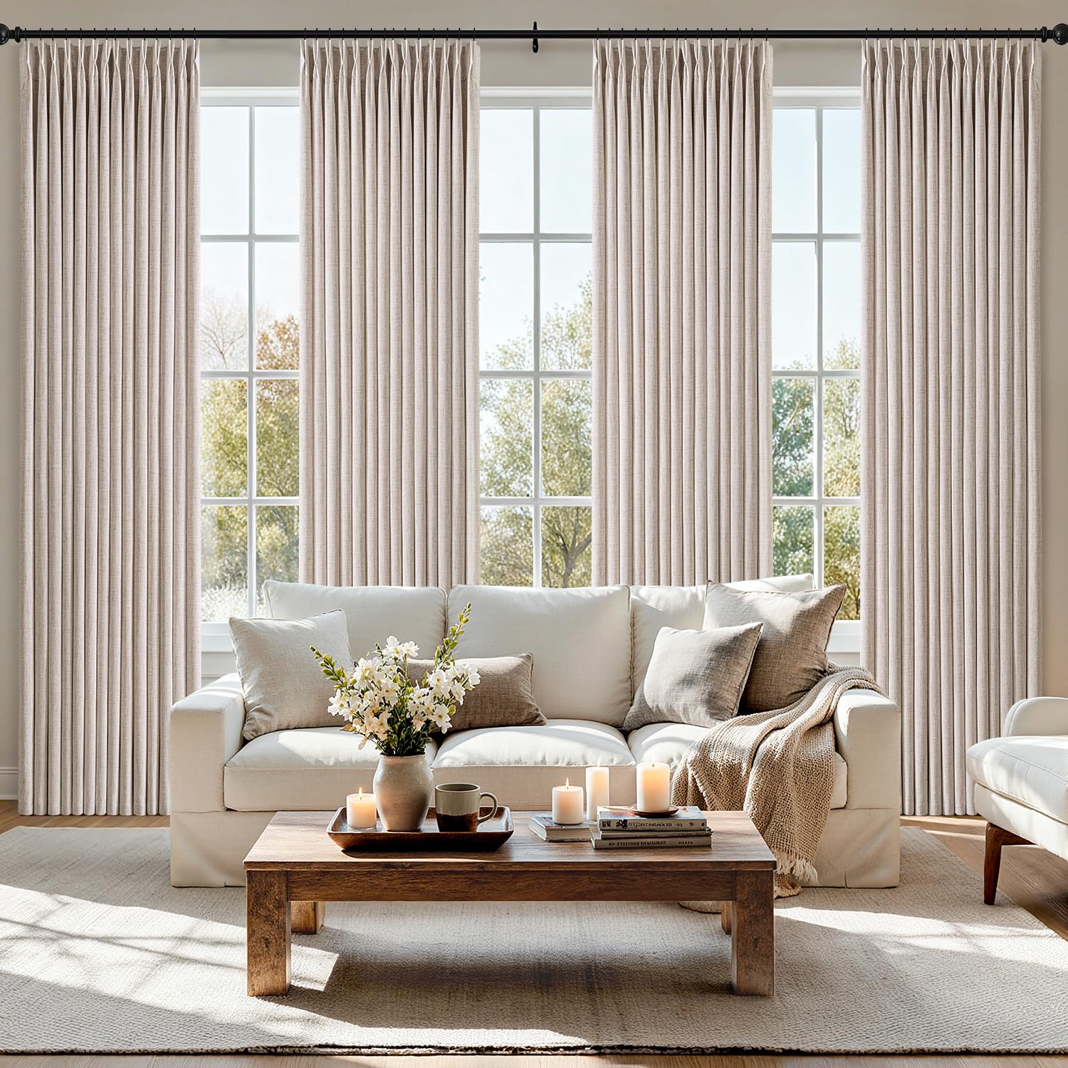 MIULEE Pinch Pleated Thick Linen Curtains 90 Inches 4 Panels Set Ivory Cream Back Tab Memory Trained Pinch Pleat Semi Sheer Light Filtering Privacy Curtains Window Drapes for Living Room Bedroom Birch