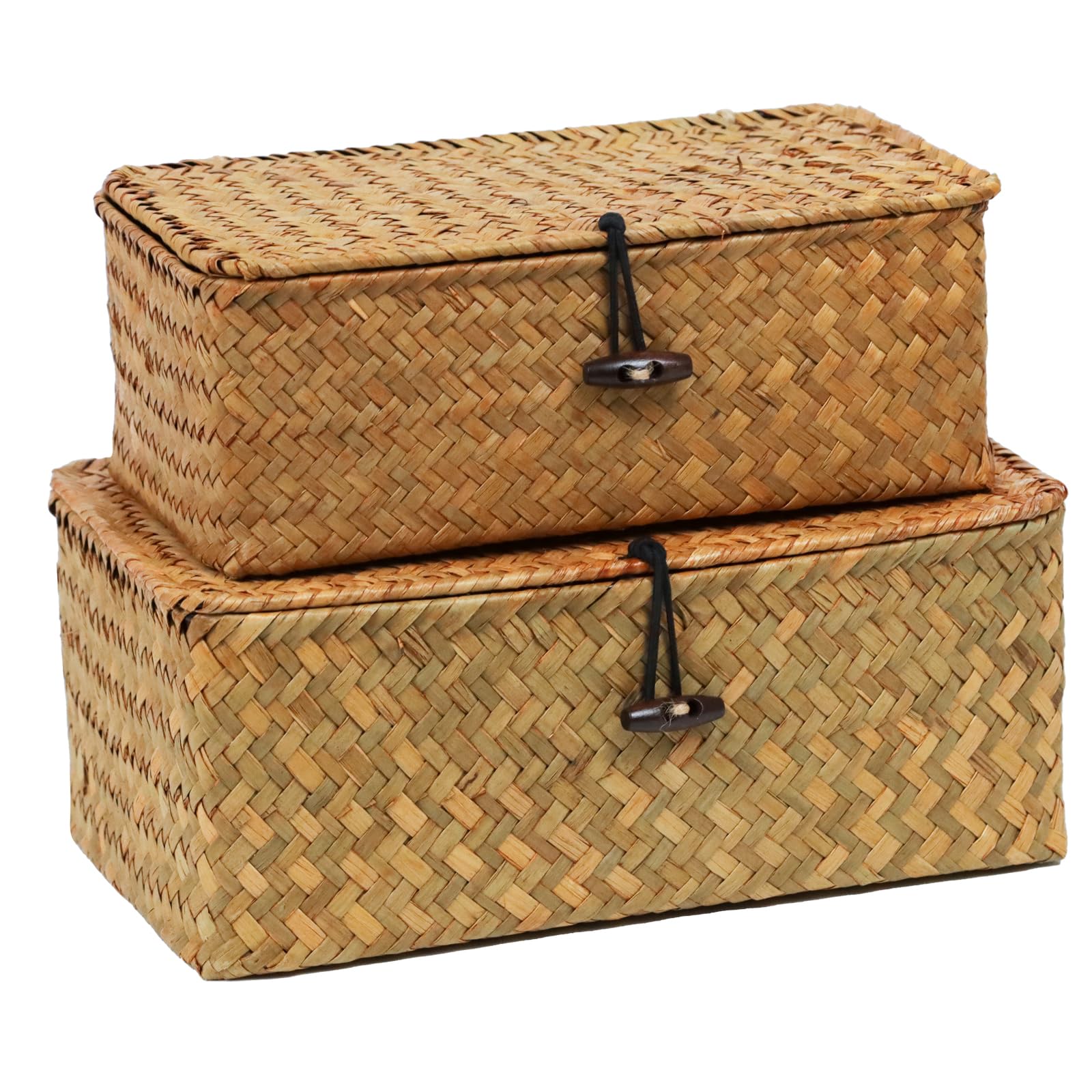Wicker Storage Basket with Lid, Natural Seagrass Storage Baskets for Organizing, Rectangular Woven Basket for Storage, Decorative Boxes Bins with Lids Home Organizer Decor
