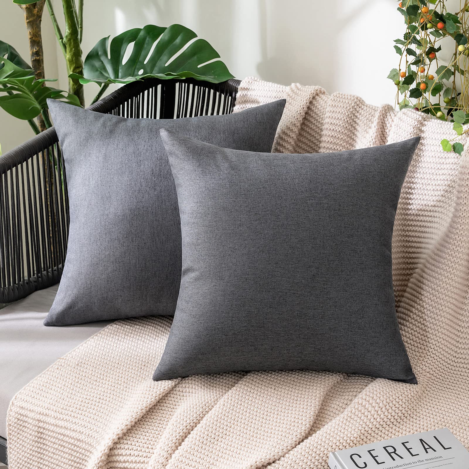 MIULEE Pack of 2 Decorative Outdoor Solid Waterproof Throw Pillow Covers Faux Linen Garden Farmhouse Cushion Cases for Patio Tent Balcony Couch Sofa 18x18 Inch Beige