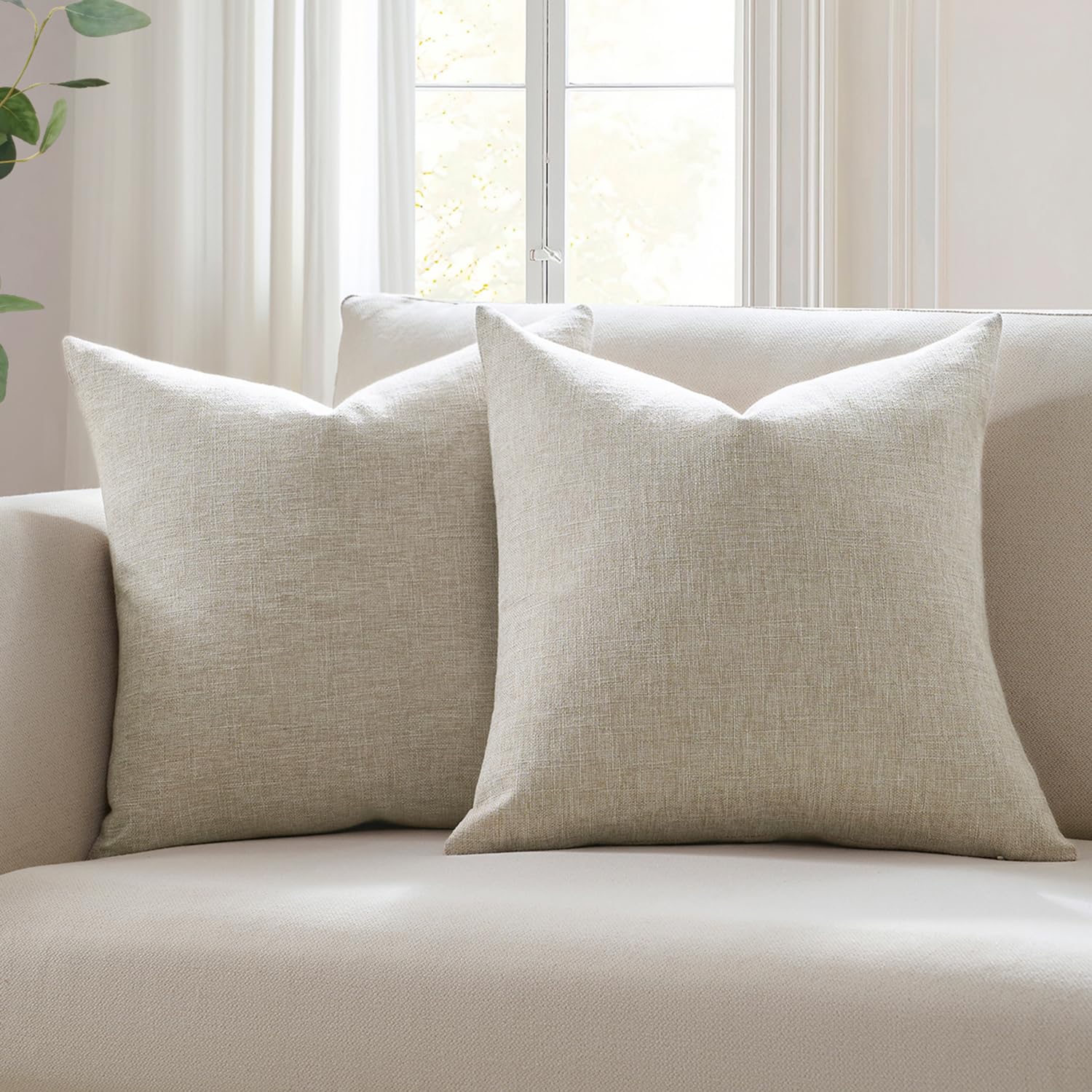 Meekio Set of 2 Ivory Throw Pillow Covers 18x18, Modern Farmhouse Linen Blend Decorative Pillow Covers for Couch Sofa Bed, Neutral Home Decor