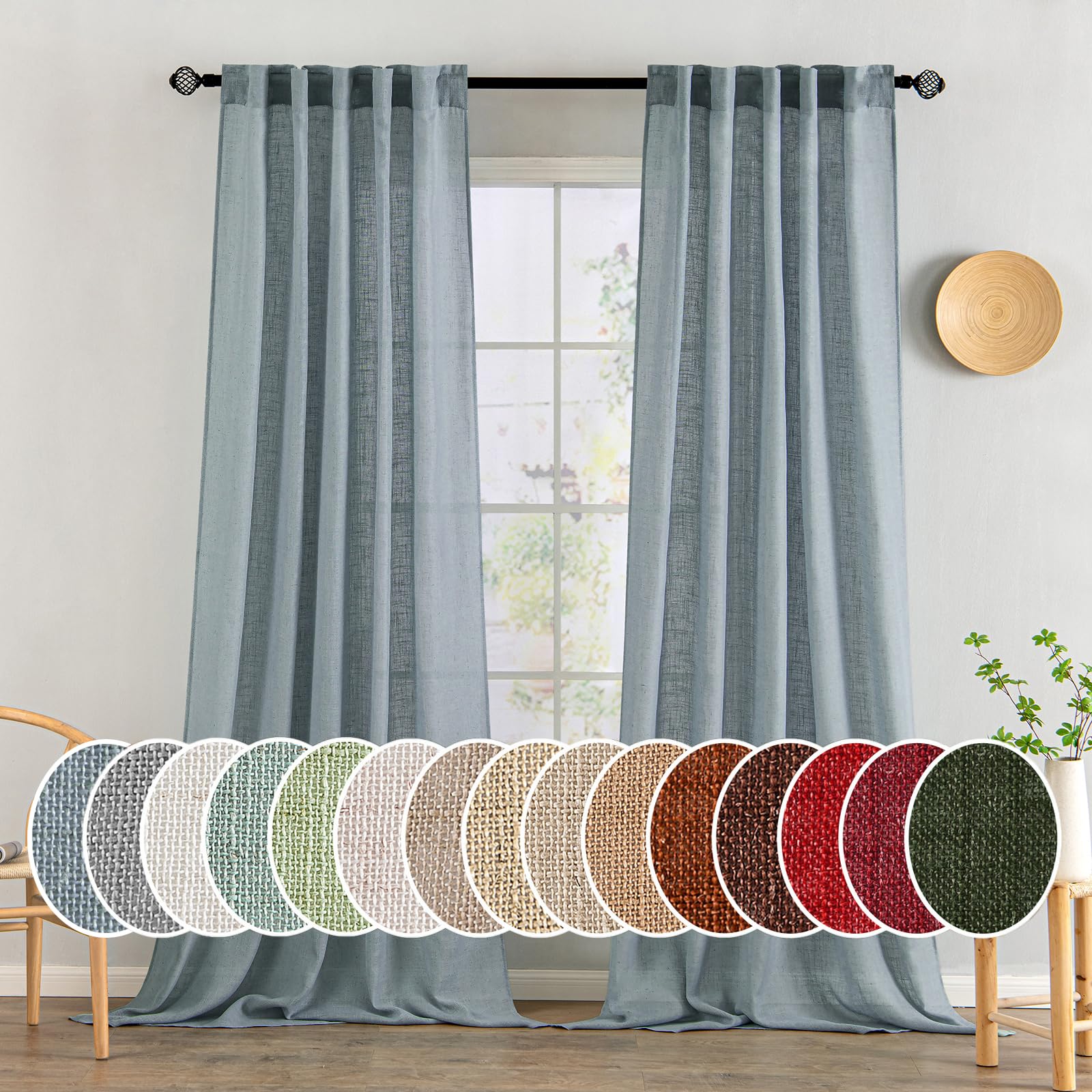 MIULEE Natural White Linen Curtains 84 Inch Long for Bedroom Living Room, Soft Thick Linen Textured Window Drapes Semi Sheer Light Filtering Rod Pocket Back Tab Neutral Farmhouse Cream Ivory 2 Panels