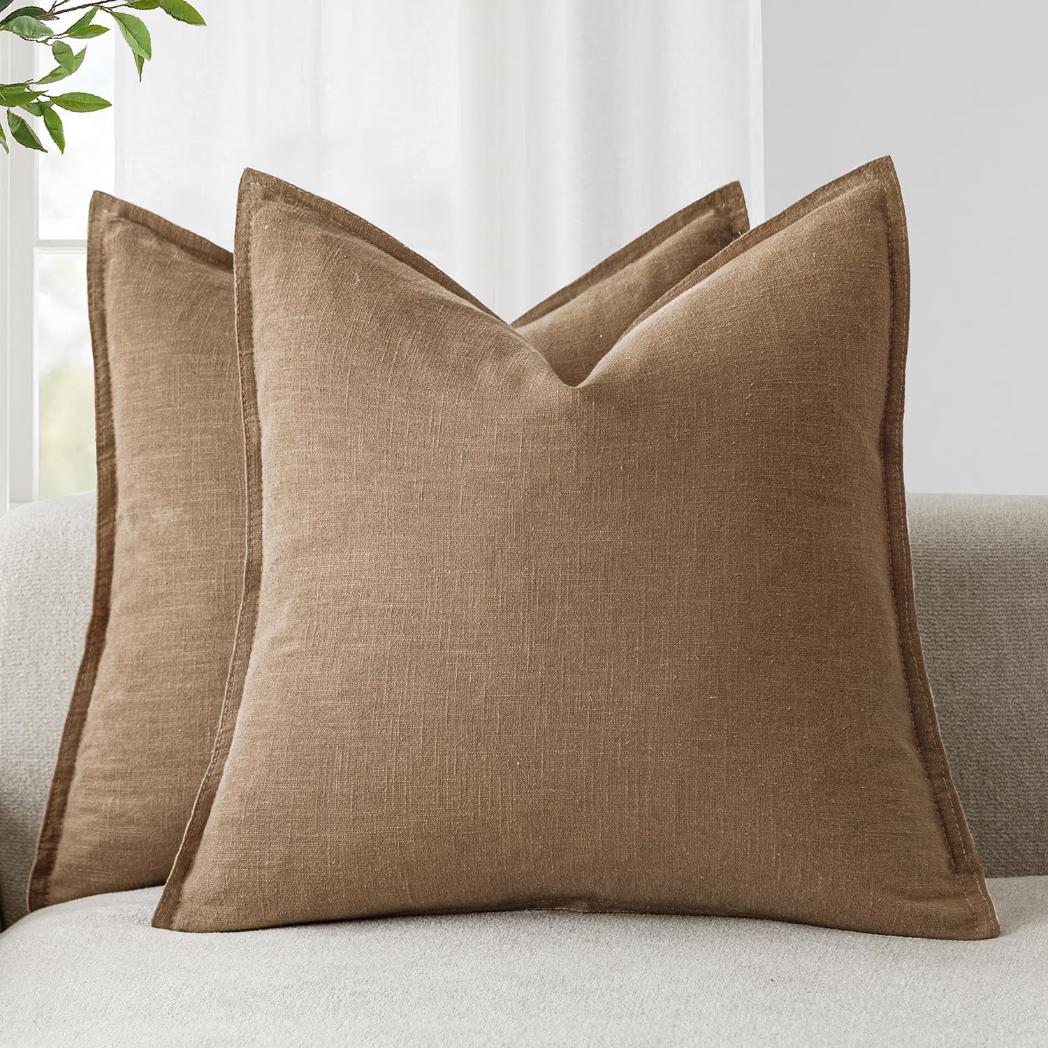 Foindtower Pack of 2, Decorative Linen Soild Throw Pillow Covers Soft Accent Cushion Case Boho Farmhouse Neutral Pillowcase for Couch Sofa Bedroom Living Room Home Decor 18 x 18 Inch Natural Beige