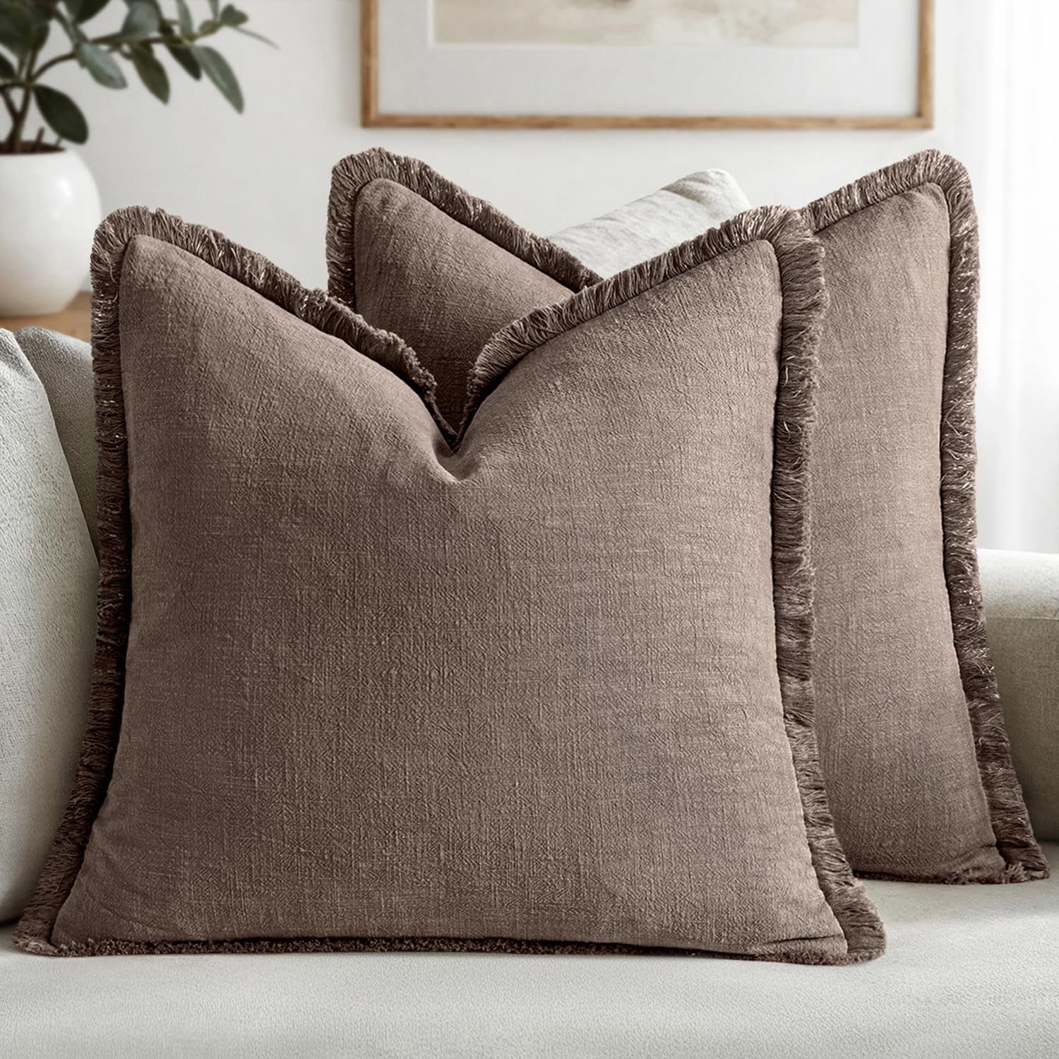 MIULEE Decorative Throw Pillow Covers Neutral Linen Fringe Throw Pillows Set of 2 Natural Beige Boho Farmhouse Cushion Cases with Tassels for Couch Sofa Bed Living Room Spring Decor 18x18 Inch