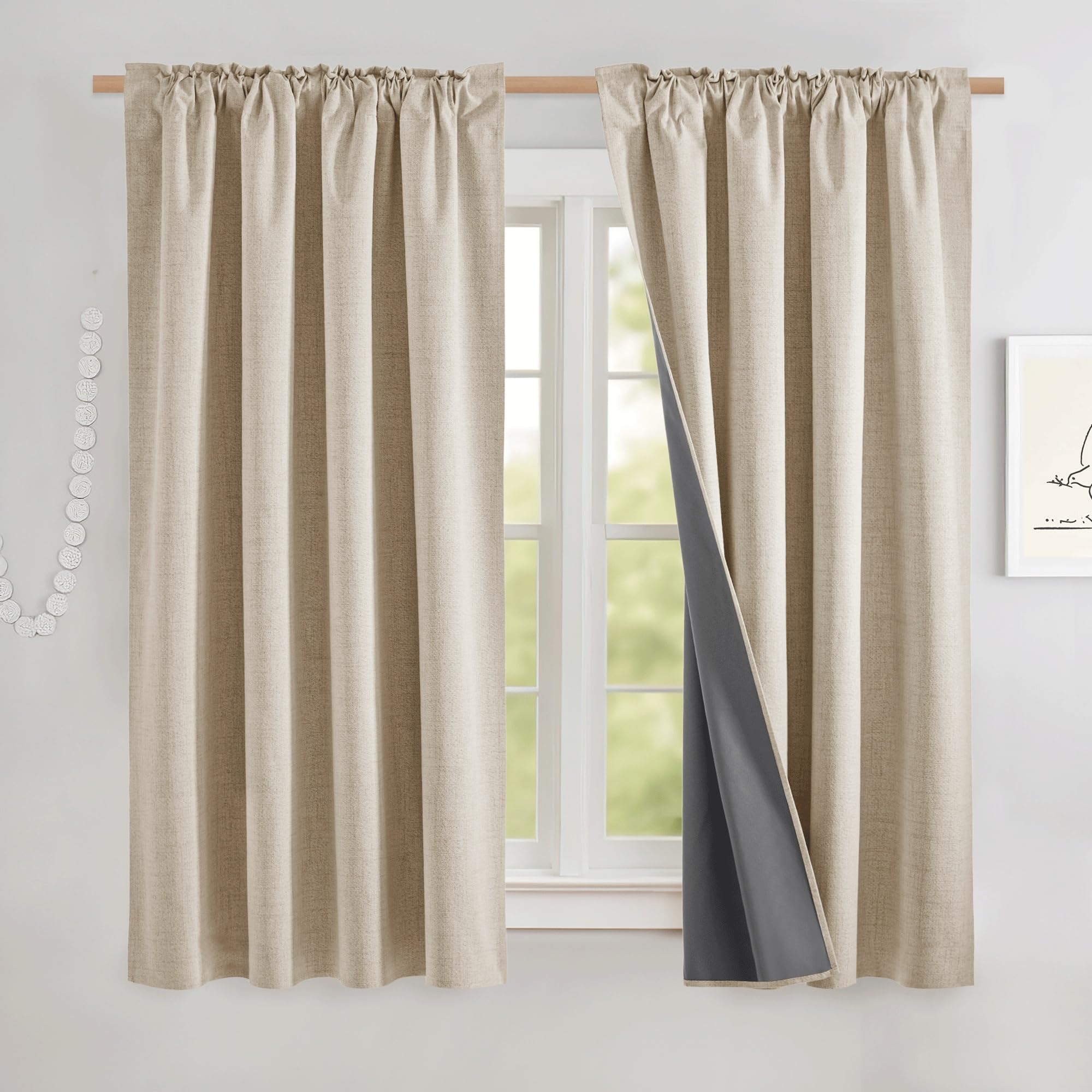 NICETOWN 100% Blackout Linen Curtains 90" Long for Bedroom, Thermal Insulated Living Room Curtains with Liner, Farmhouse Style Linen Blend Window Draperies for Dining Room (2 Panels, 52" W, Natural)