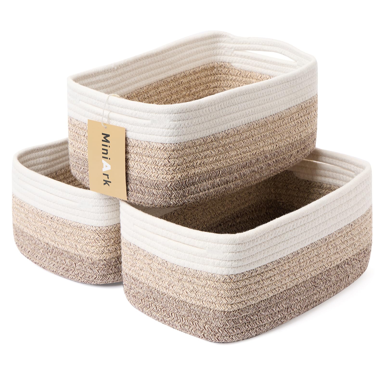 MiniArk Small Storage Baskets for Organizing | Closet Organizer Bins | Shelf Toy Basket | Woven Rope Baskets | Cube Decorative Box | Shallow Basket | L11.5xW7.5xH4.7| Brown