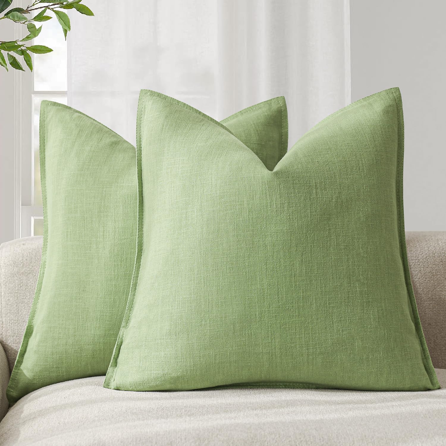 Foindtower Pack of 2, Decorative Linen Soild Throw Pillow Covers Soft Accent Cushion Case Boho Farmhouse Neutral Pillowcase for Couch Sofa Bedroom Living Room Home Decor 18 x 18 Inch Natural Beige