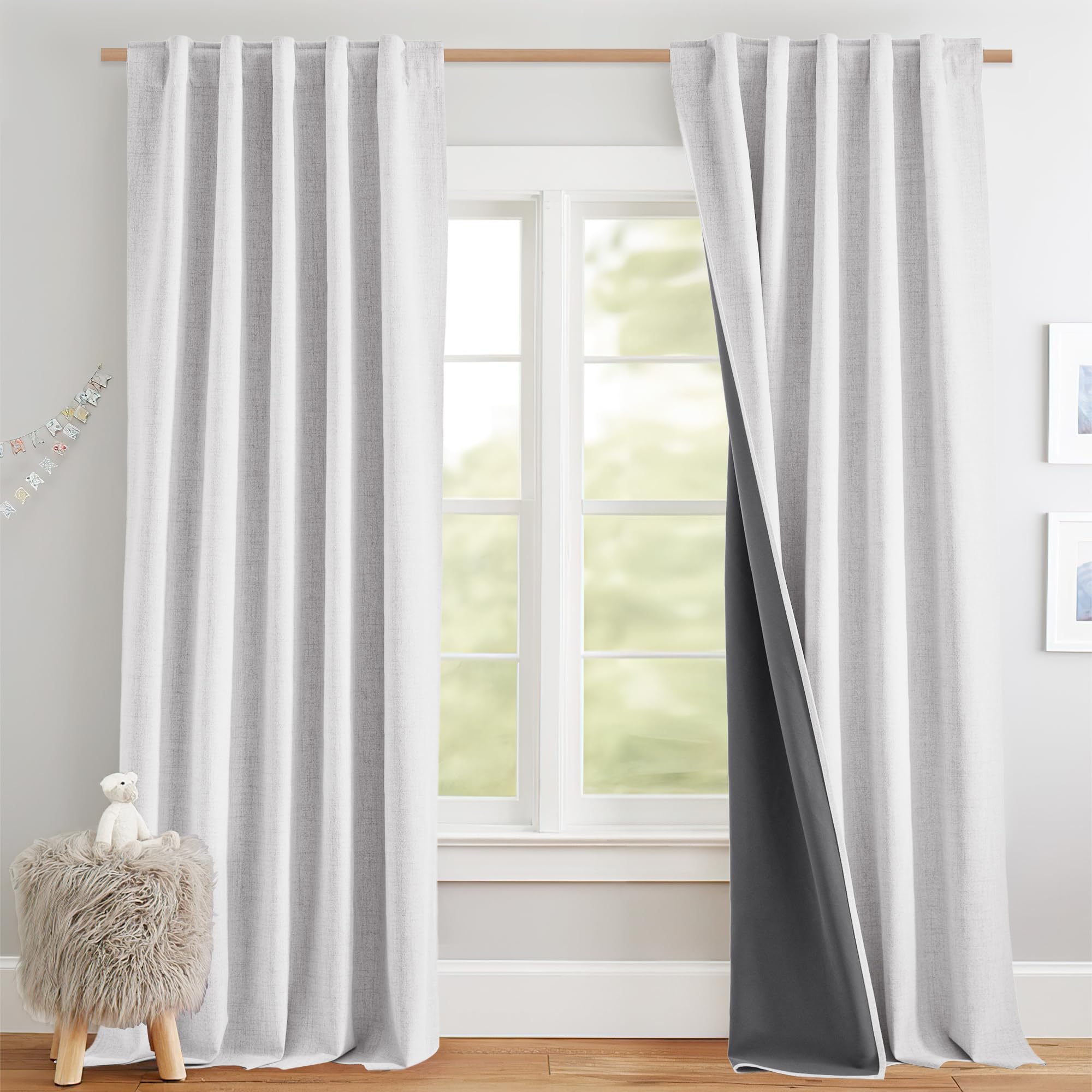 NICETOWN 100% Blackout Linen Curtains 90" Long for Bedroom, Thermal Insulated Living Room Curtains with Liner, Farmhouse Style Linen Blend Window Draperies for Dining Room (2 Panels, 52" W, Natural)