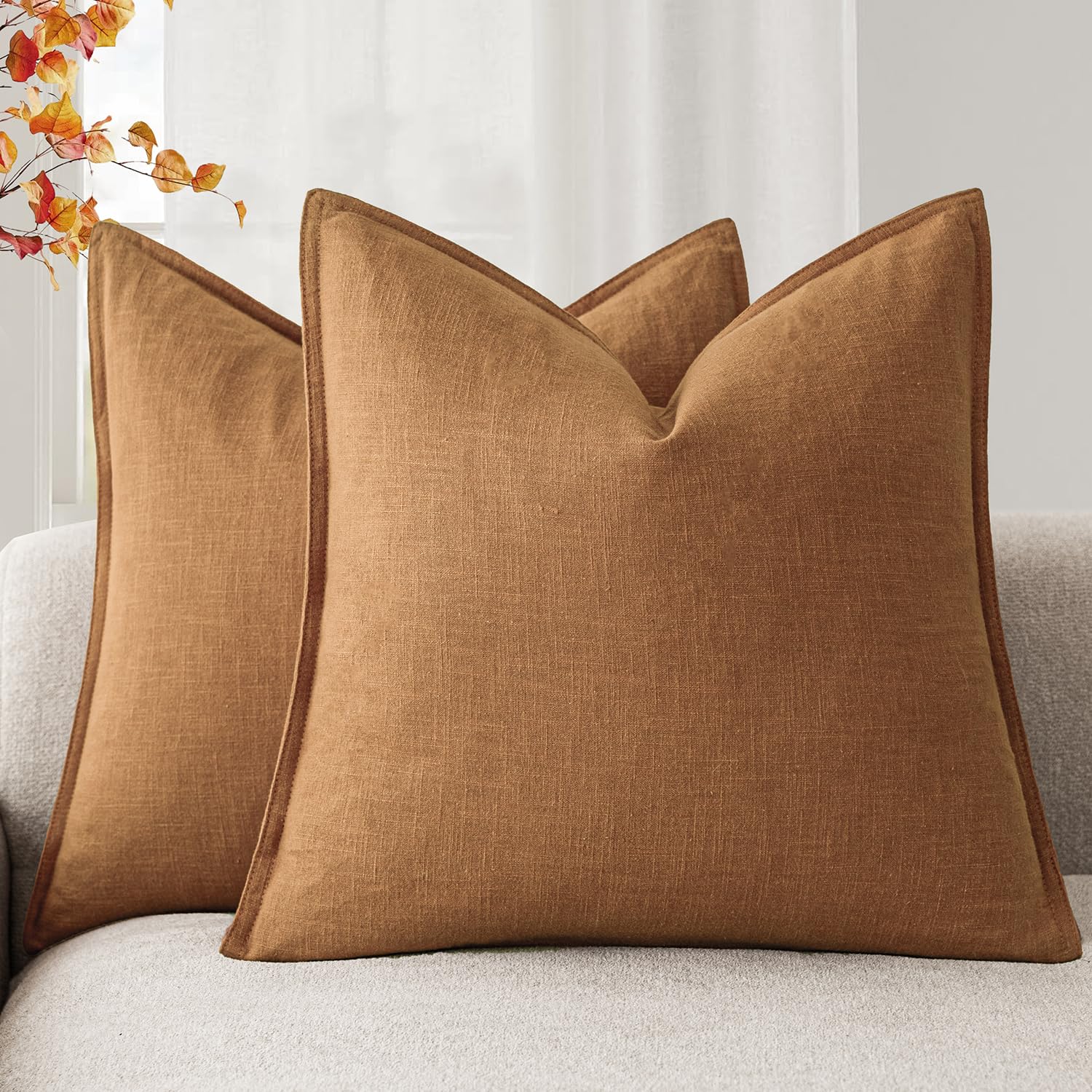 Foindtower Pack of 2, Decorative Linen Soild Throw Pillow Covers Soft Accent Cushion Case Boho Farmhouse Neutral Pillowcase for Couch Sofa Bedroom Living Room Home Decor 18 x 18 Inch Natural Beige