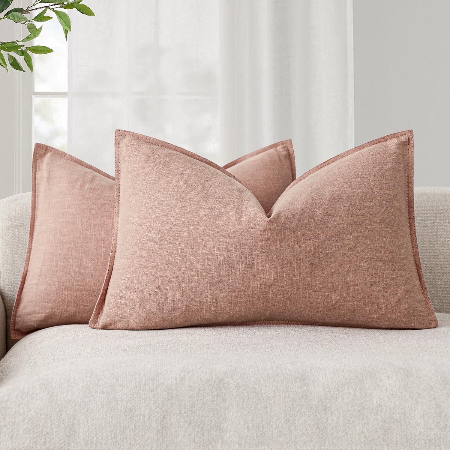 Foindtower Pack of 2, Decorative Linen Soild Throw Pillow Covers Soft Accent Cushion Case Boho Farmhouse Neutral Pillowcase for Couch Sofa Bedroom Living Room Home Decor 18 x 18 Inch Natural Beige