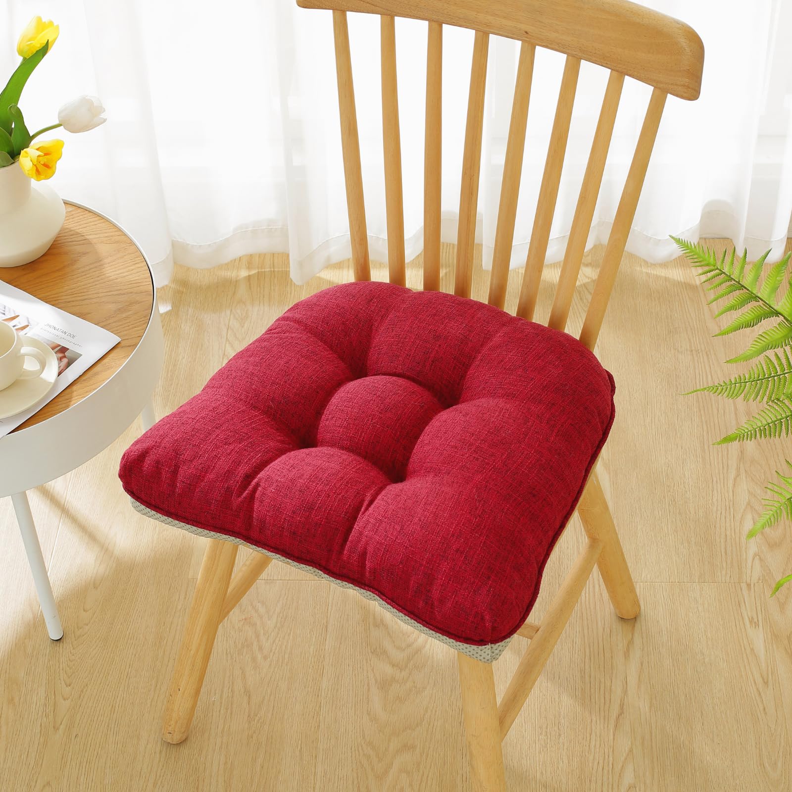 Cotton Linen Soft Comfort Chair Cushion 18"x17"x2" Tufted Chair Pads with Ties Non-Slip Seat Cushions for Indoor Dining Room Kitchen and Office Chairs (Khaki,18"x17")