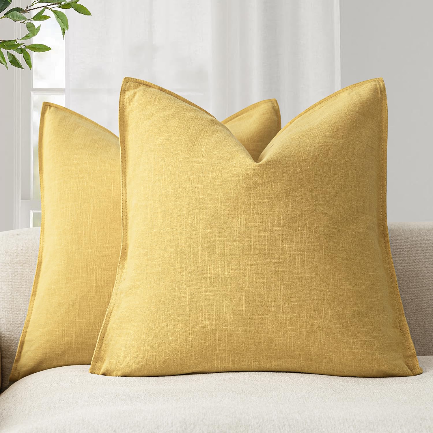 Foindtower Pack of 2, Decorative Linen Soild Throw Pillow Covers Soft Accent Cushion Case Boho Farmhouse Neutral Pillowcase for Couch Sofa Bedroom Living Room Home Decor 18 x 18 Inch Natural Beige