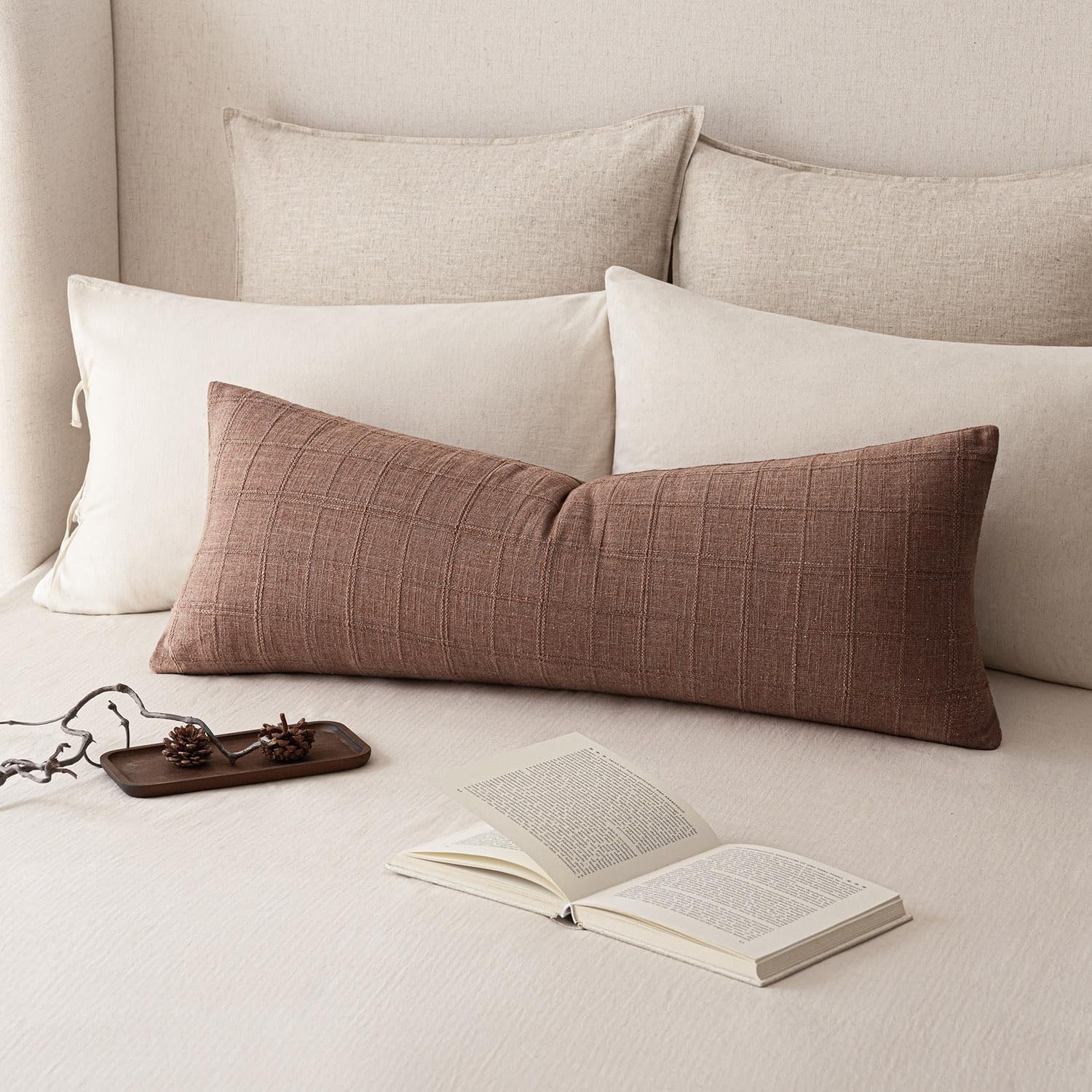 Foindtower Set of 1 Decorative Linen Check Throw Pillow Cover Neutral Farmhouse Lumbar Cushion Cover Modern Boho Home Decor for Sofa Chair Couch Bedroom Living Room,12×20 Inch,Natural Beige