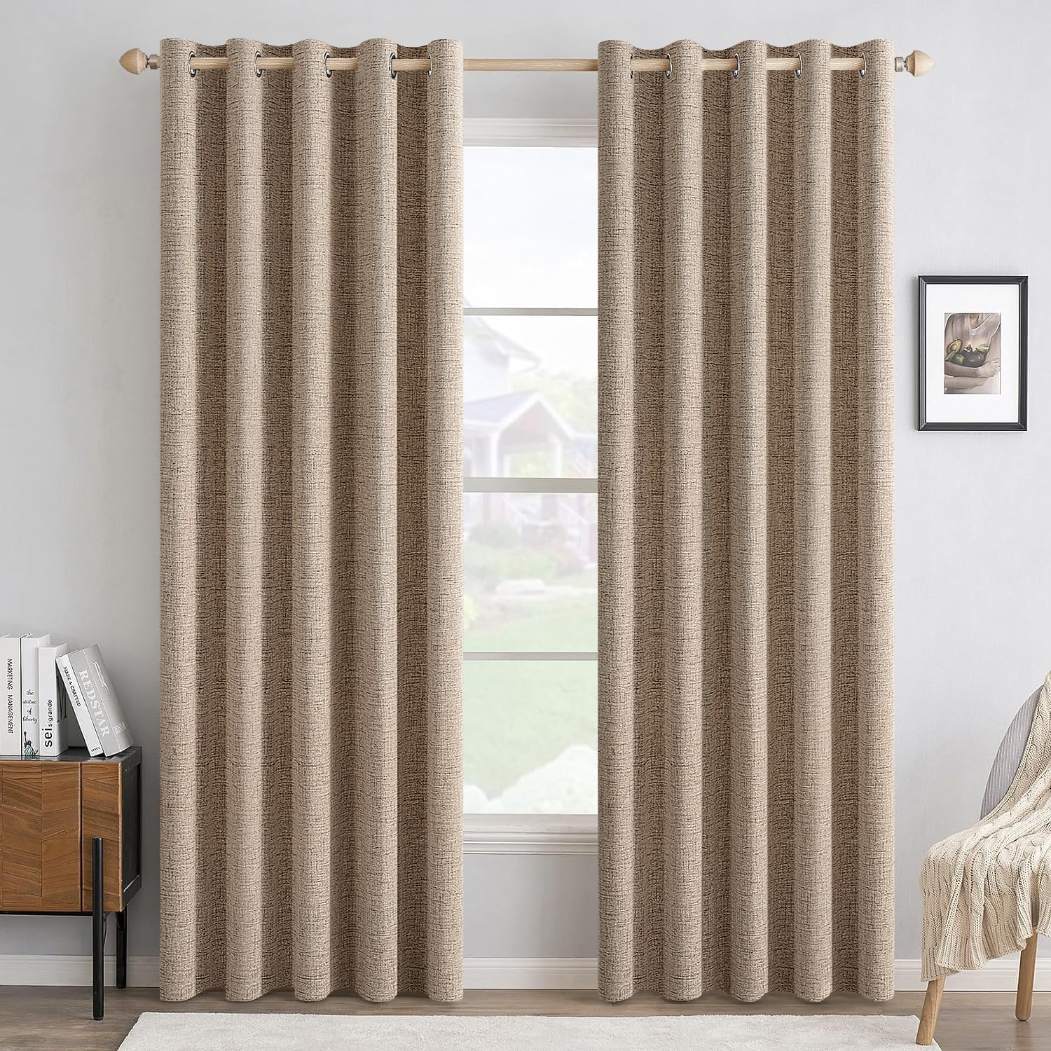 MIULEE 100% Blackout Linen Textured Curtains for Bedroom Solid Thermal Insulated Natural Beige Grommet Room Darkening Curtains & Drapes Luxury Decor for Living Room Nursery 52 x 84 Inch (2 Panels)