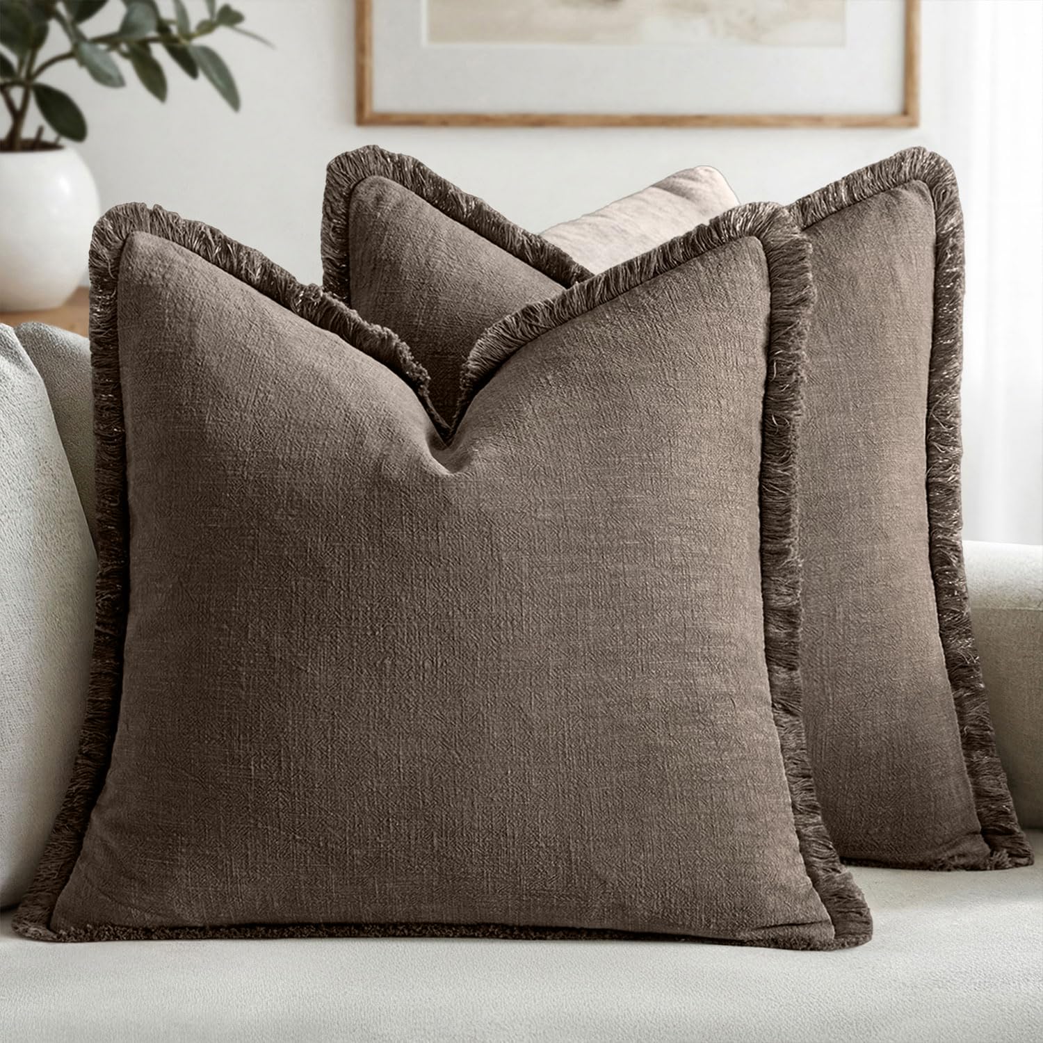 MIULEE Decorative Throw Pillow Covers Neutral Linen Fringe Throw Pillows Set of 2 Natural Beige Boho Farmhouse Cushion Cases with Tassels for Couch Sofa Bed Living Room Spring Decor 18x18 Inch