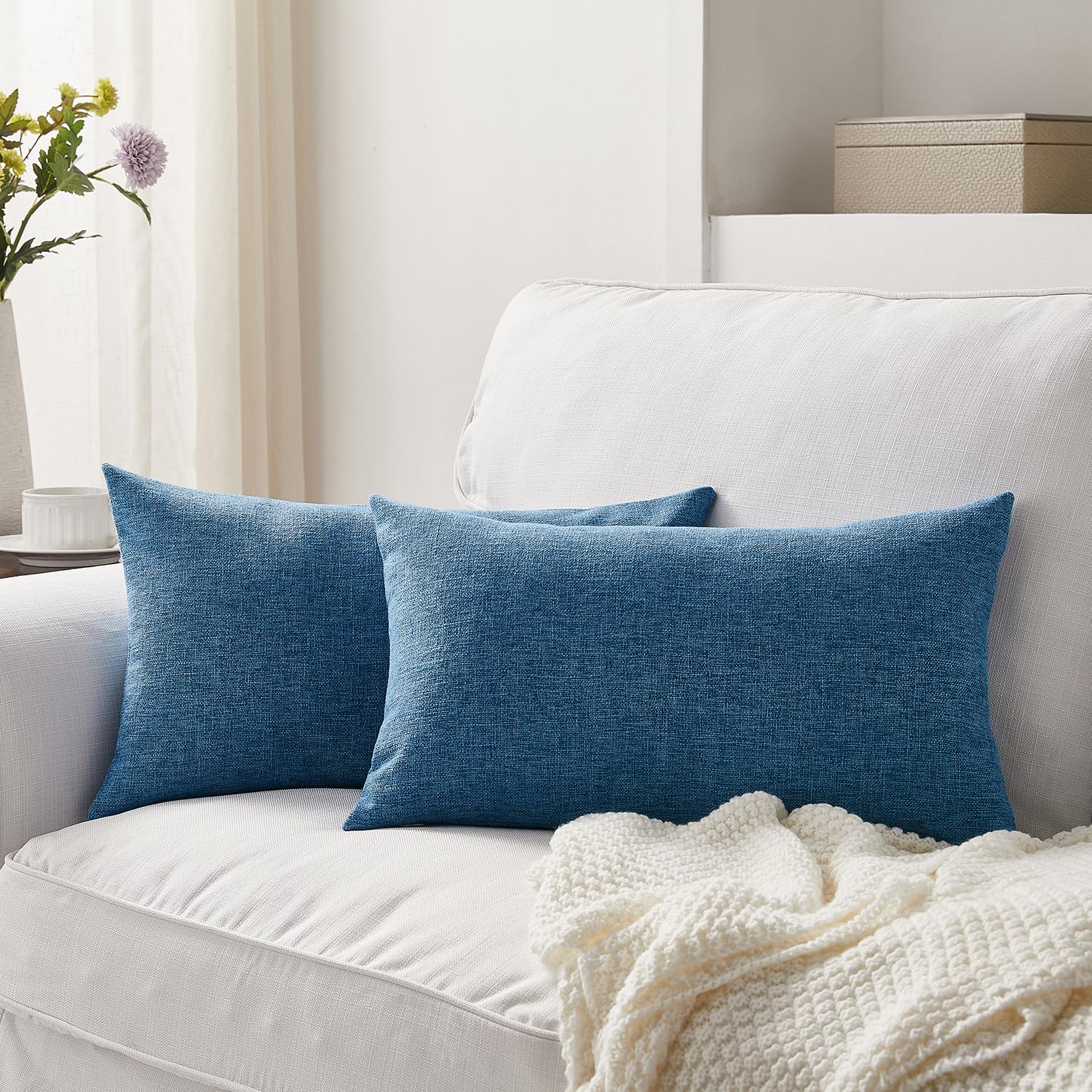 Meekio Set of 2 Ivory Throw Pillow Covers 18x18, Modern Farmhouse Linen Blend Decorative Pillow Covers for Couch Sofa Bed, Neutral Home Decor