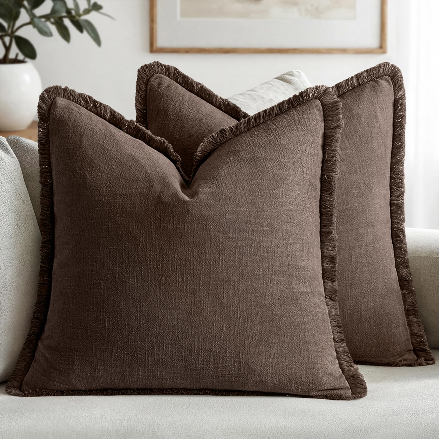 MIULEE Decorative Throw Pillow Covers Neutral Linen Fringe Throw Pillows Set of 2 Natural Beige Boho Farmhouse Cushion Cases with Tassels for Couch Sofa Bed Living Room Spring Decor 18x18 Inch