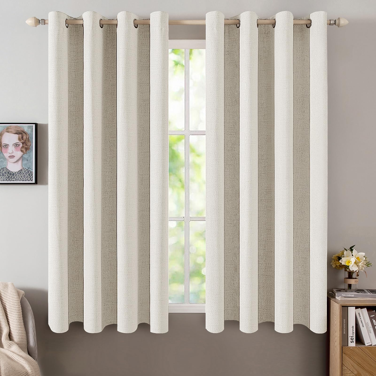 MIULEE 100% Blackout Linen Textured Curtains for Bedroom Solid Thermal Insulated Natural Beige Grommet Room Darkening Curtains & Drapes Luxury Decor for Living Room Nursery 52 x 84 Inch (2 Panels)
