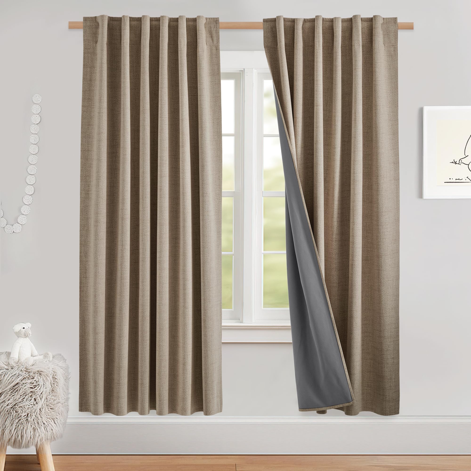 NICETOWN 100% Blackout Linen Curtains 90" Long for Bedroom, Thermal Insulated Living Room Curtains with Liner, Farmhouse Style Linen Blend Window Draperies for Dining Room (2 Panels, 52" W, Natural)