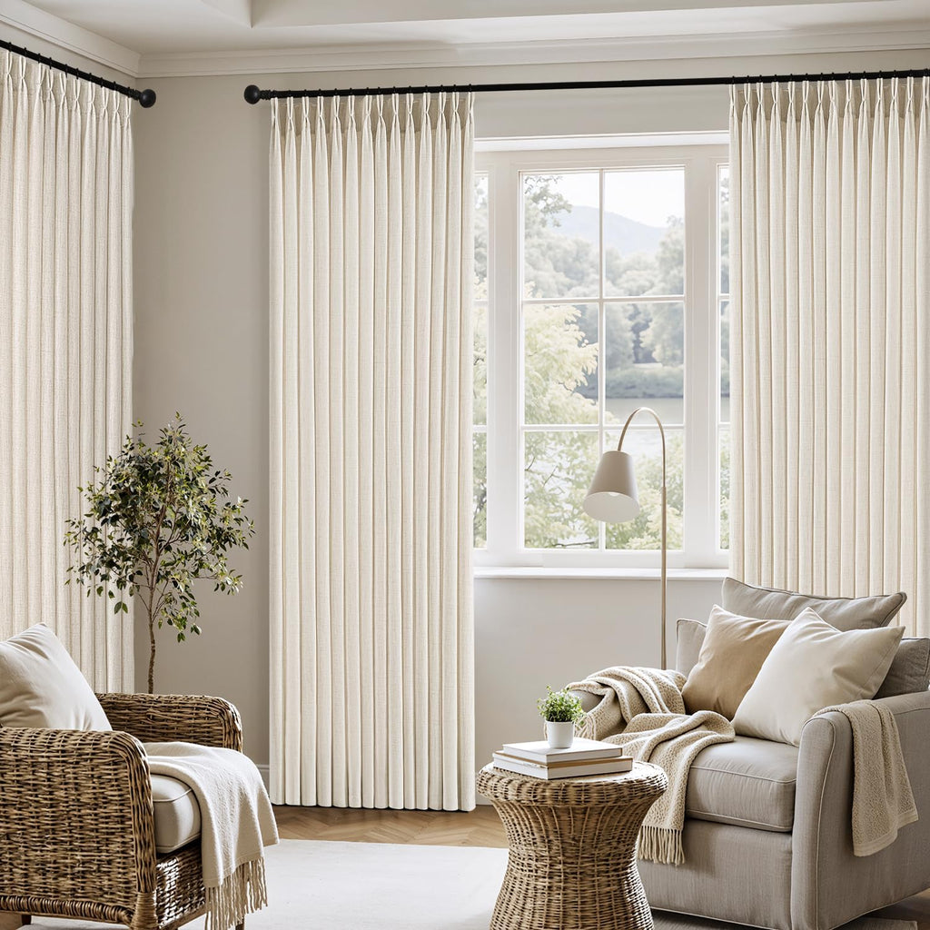MIULEE Pinch Pleated Thick Linen Curtains 90 Inches 4 Panels Set Ivory Cream Back Tab Memory Trained Pinch Pleat Semi Sheer Light Filtering Privacy Curtains Window Drapes for Living Room Bedroom Birch