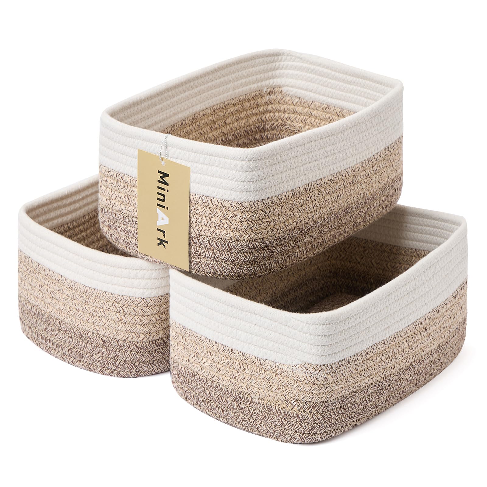 MiniArk Small Storage Baskets for Organizing | Closet Organizer Bins | Shelf Toy Basket | Woven Rope Baskets | Cube Decorative Box | Shallow Basket | L11.5xW7.5xH4.7| Brown