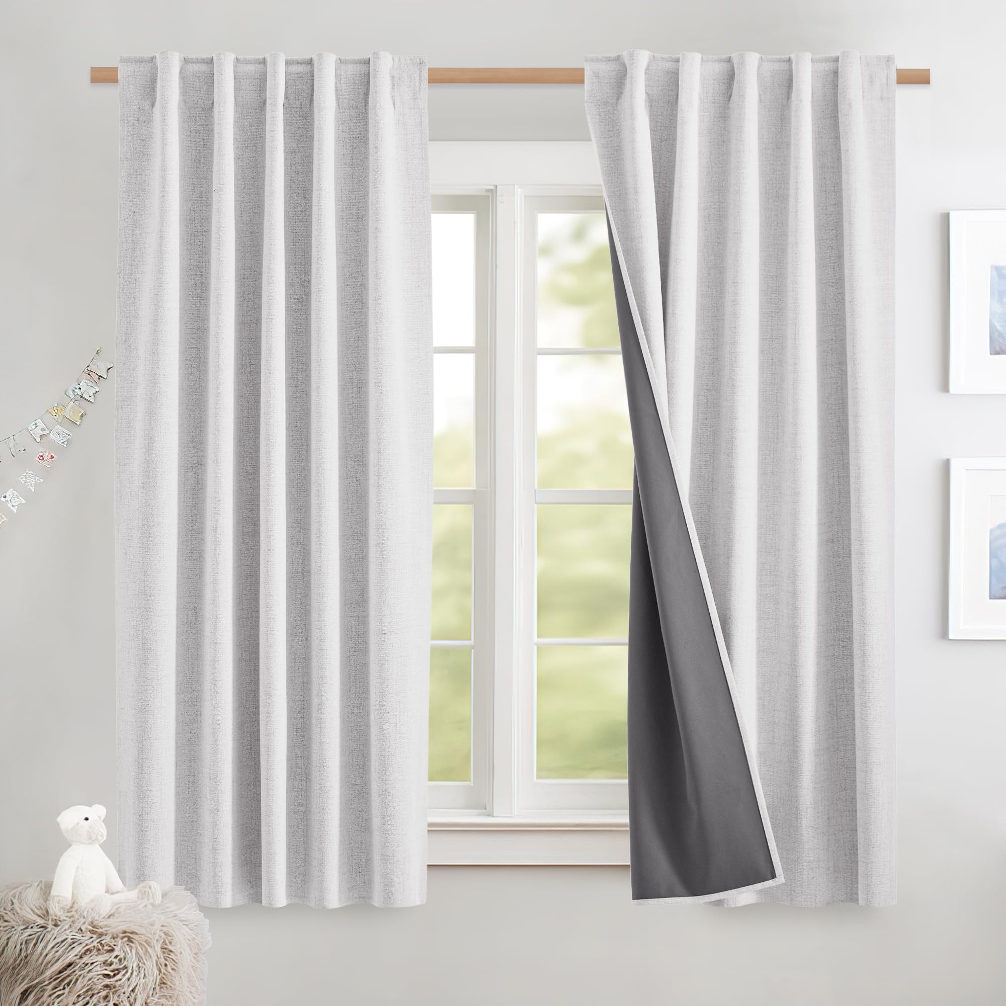 NICETOWN 100% Blackout Linen Curtains 90" Long for Bedroom, Thermal Insulated Living Room Curtains with Liner, Farmhouse Style Linen Blend Window Draperies for Dining Room (2 Panels, 52" W, Natural)